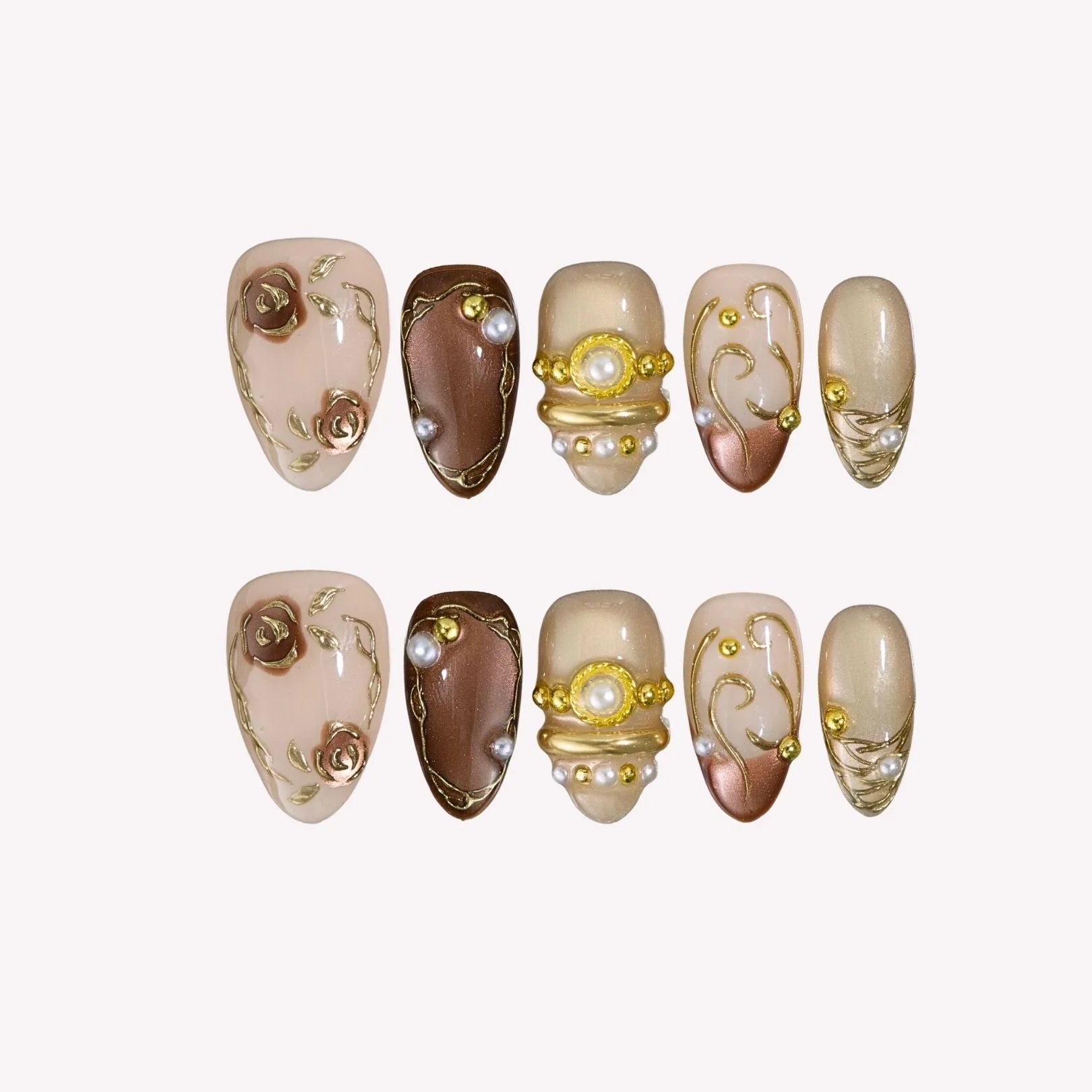 Antique Rose - Ersa Nails Nude Brown Gold Short Almond PressOnNails