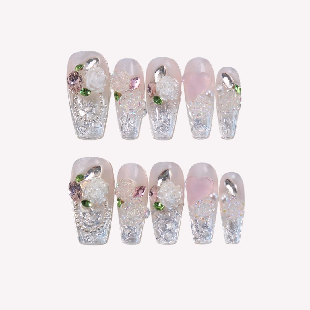 Aphrodite - Ersa Nails Pink Silver Medium Coffin PressOnNails