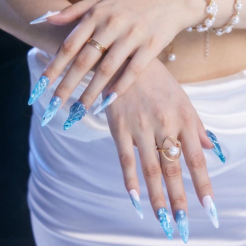 Aquamarine - Ersa Nails White Blue Long Oval PressOnNails