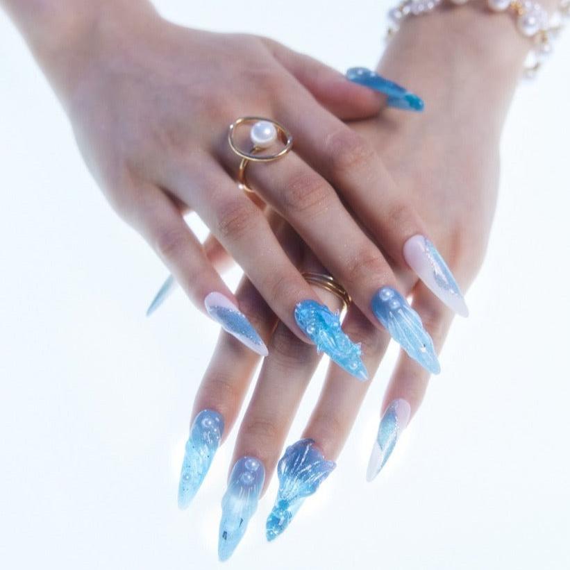 Aquamarine - Ersa Nails White Blue Long Oval PressOnNails