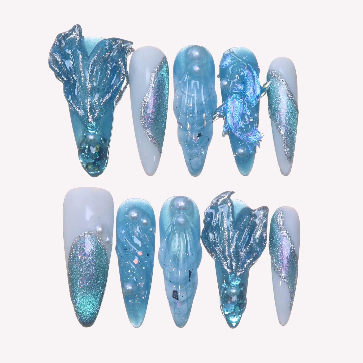 Aquamarine - Ersa Nails White Blue Long Oval PressOnNails