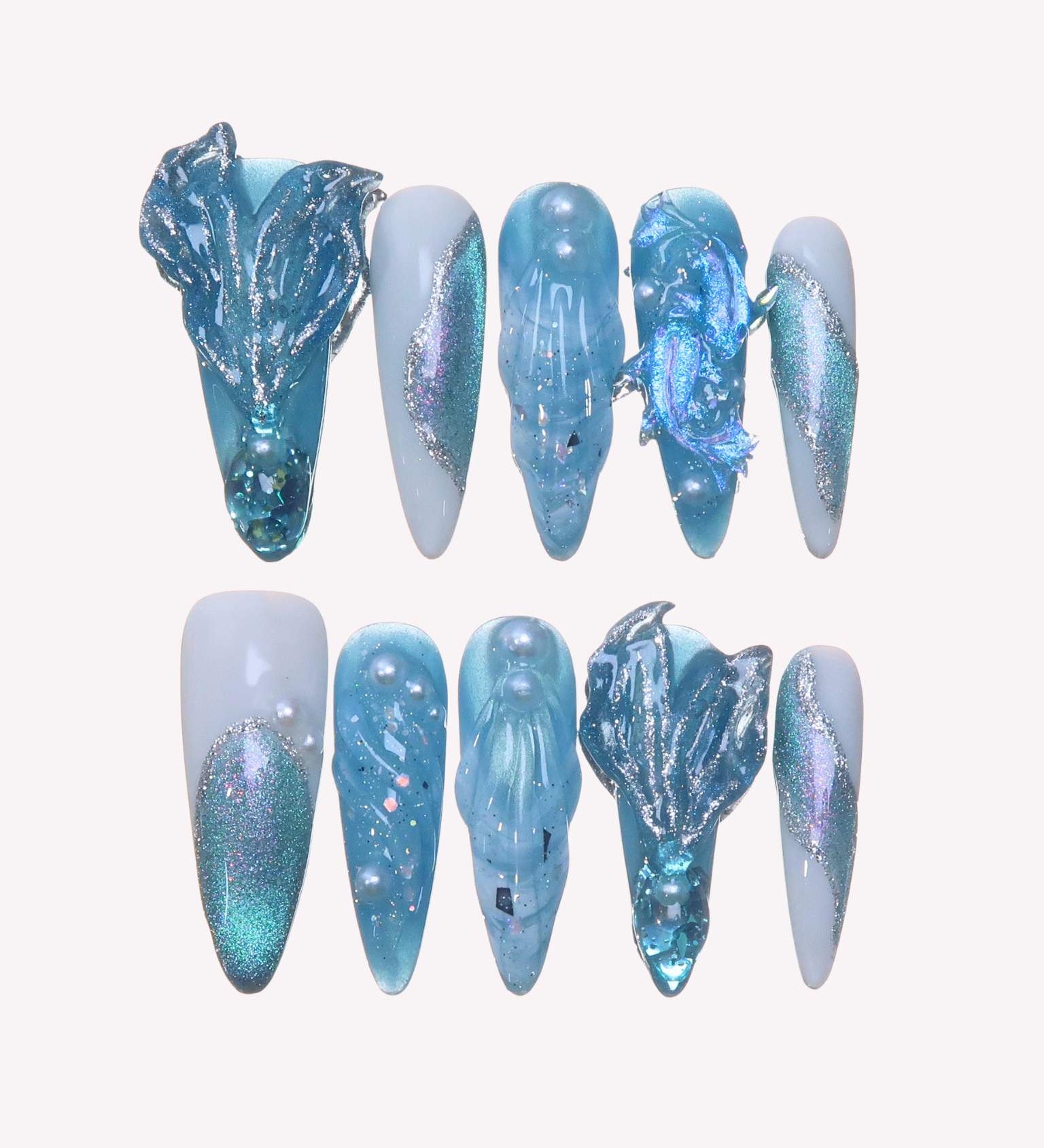 Aquamarine - Ersa Nails White Blue Long Oval PressOnNails