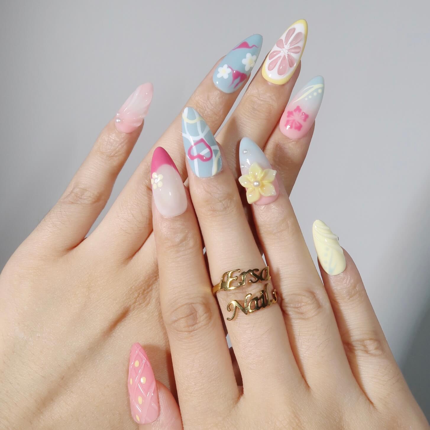 Beach It's Time - Ersa Nails Blue Yellow Pink PressOnNails