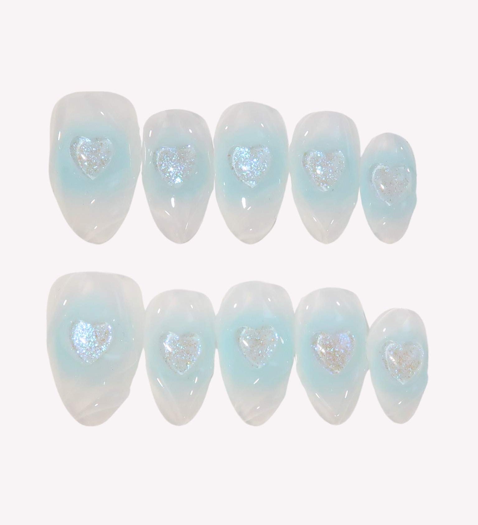 Blue Heart - Ersa Nails Blue White Short Almond PressOnNails