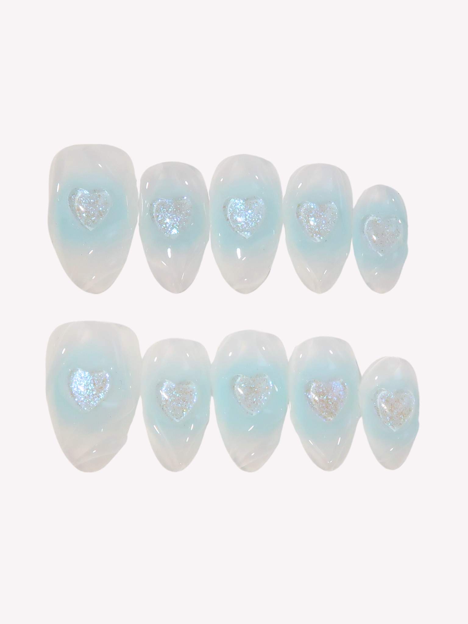 Blue Heart - Ersa Nails Blue White Short Almond PressOnNails