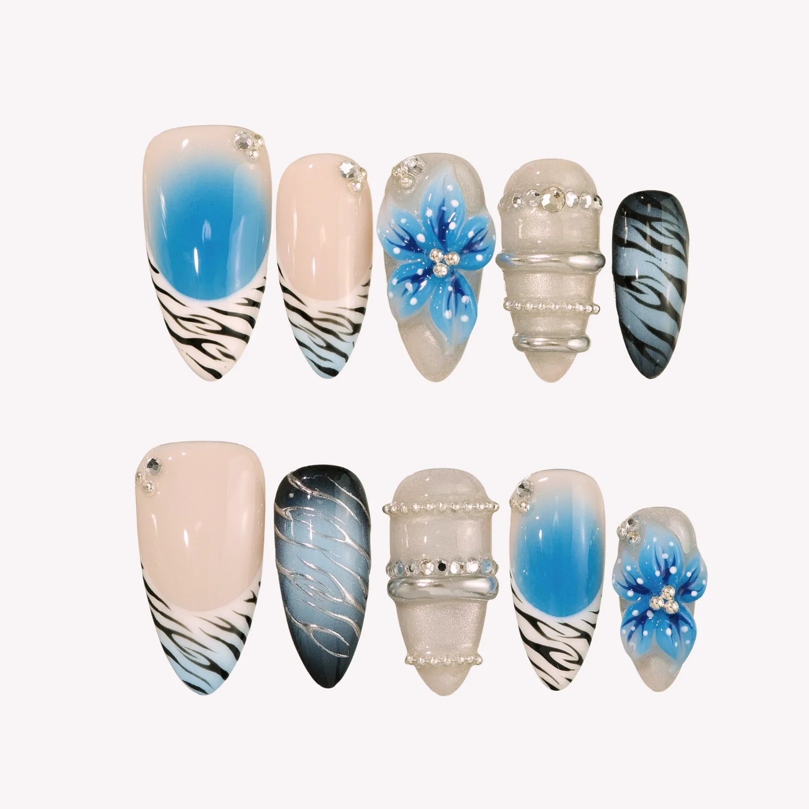 Blue Crush - Ersa Nails Nude Blue Silver PressOnNails