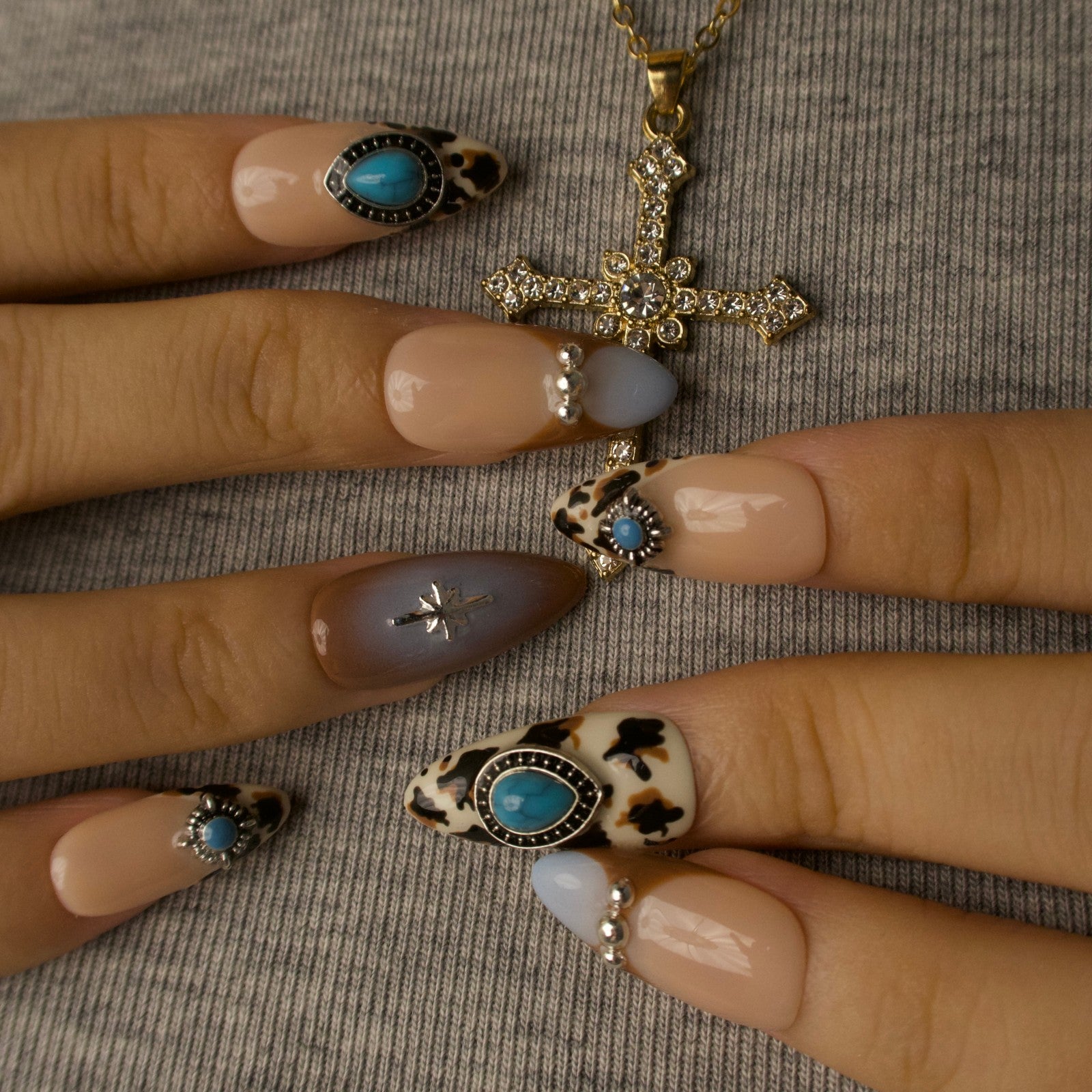 Boho Turquoise - Ersa Nails Nude Brown Blue PressOnNails