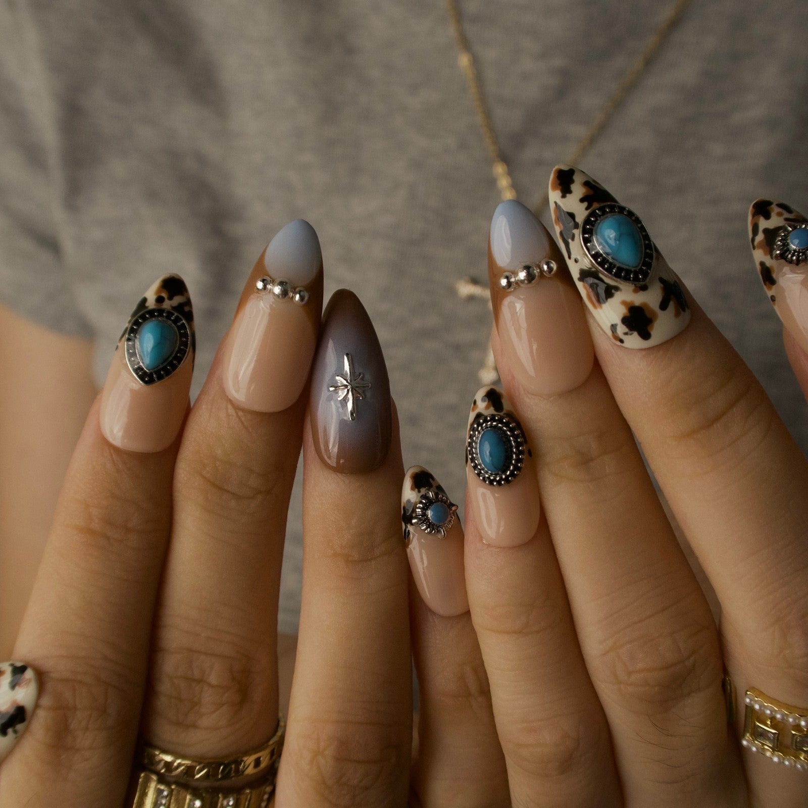 Boho Turquoise - Ersa Nails Nude Brown Blue PressOnNails