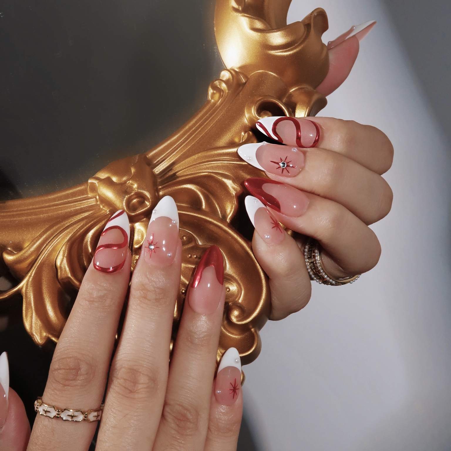 Celestial Waltz - Ersa Nails Nude White Red PressOnNails