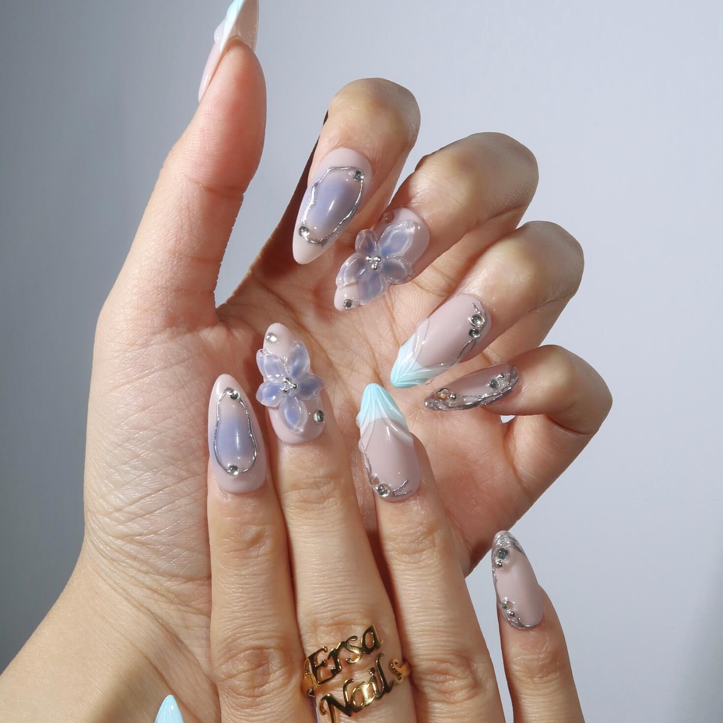 Cerulean Bloom - Ersa Nails Nude Blue PressOnNails