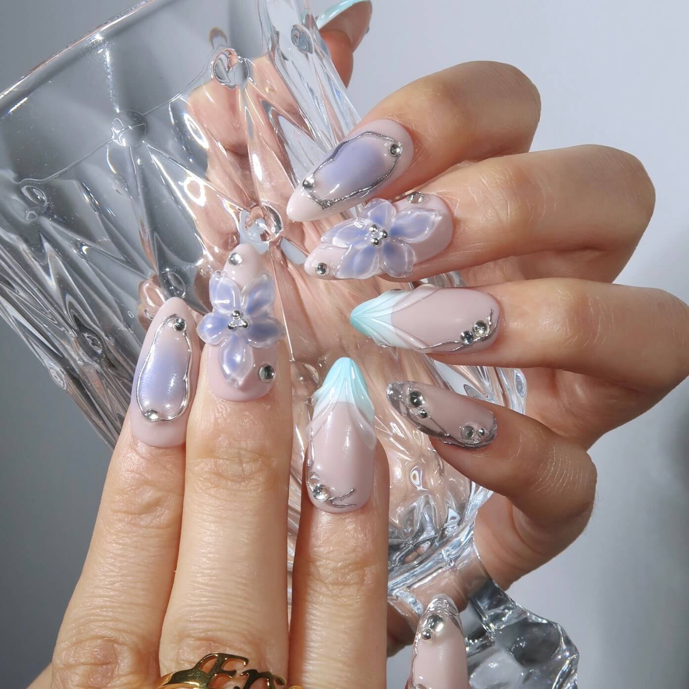 Cerulean Bloom - Ersa Nails Nude Blue PressOnNails