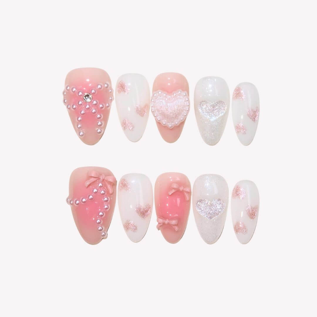 Cherished Heart- Ersa Nails White Pink PressOnNails