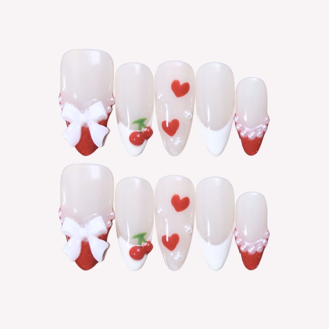 Cheery Jubilee - Ersa Nails Red White Medium Almond PressOnNails