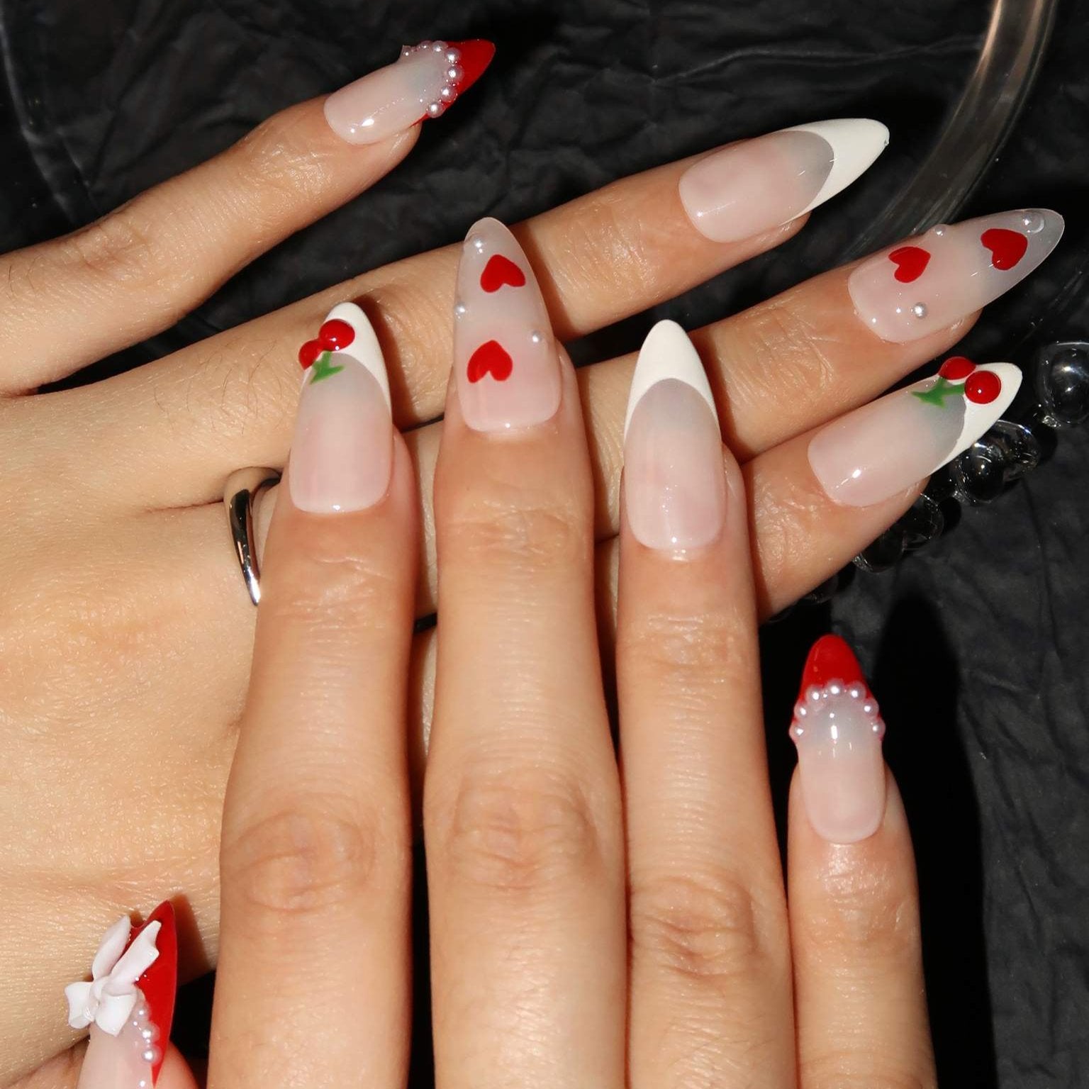 Cheery Jubilee - Ersa Nails Red White Medium Almond PressOnNails