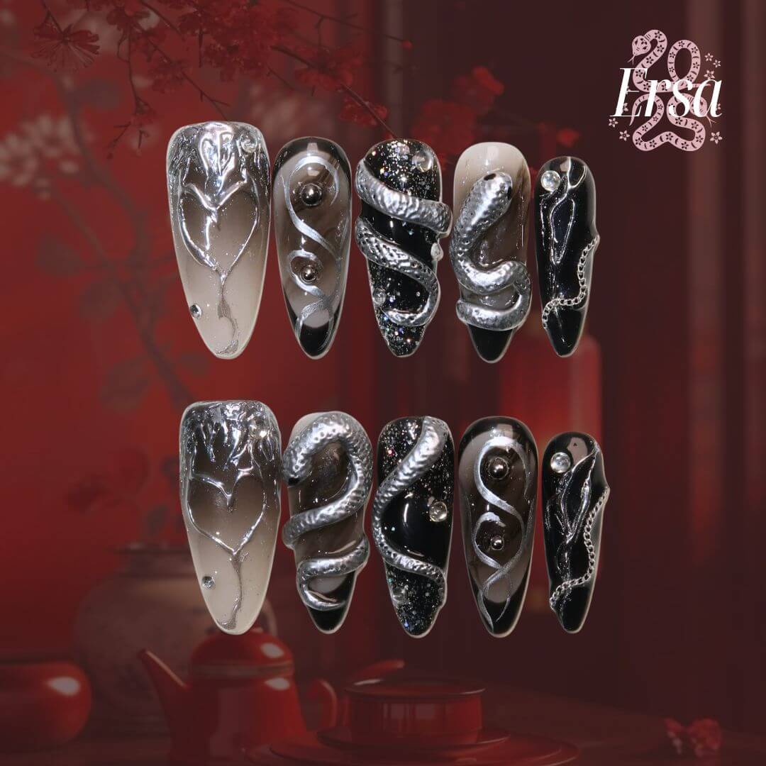 Cool Heart - Ersa Nails Silver Black PressOnNails