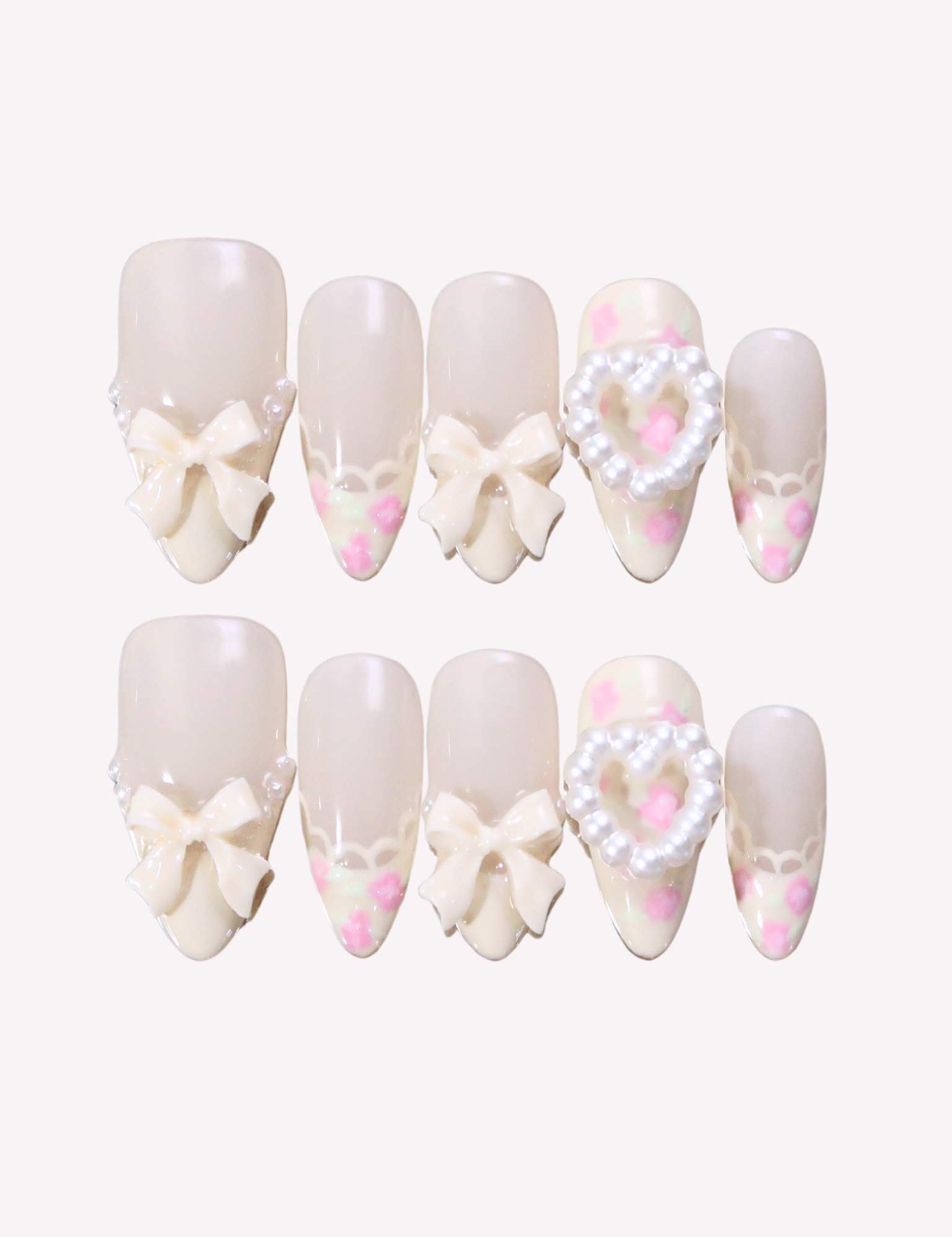 Coquette Floral - Ersa Nails White Pink Medium Almond PressOnNails