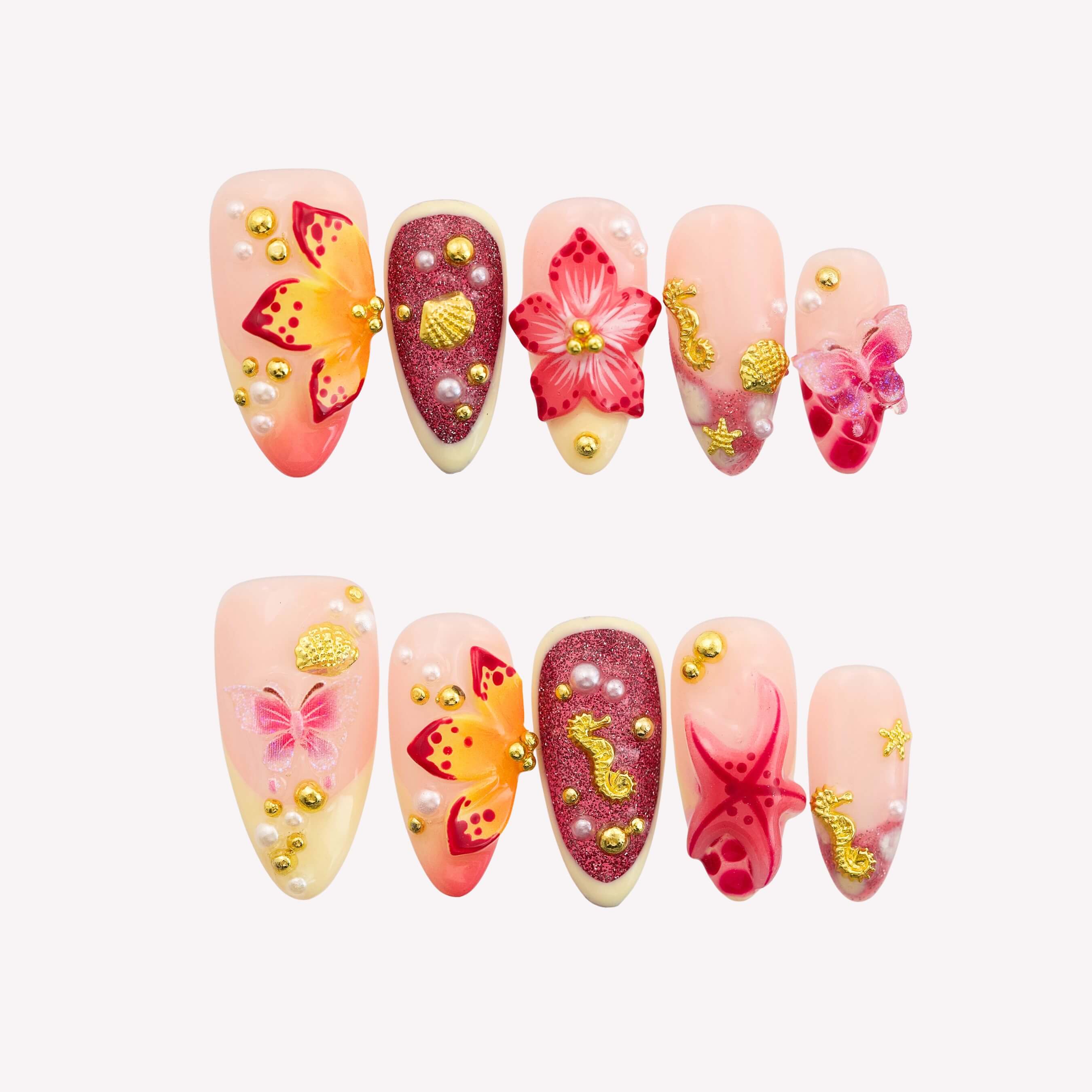Coral Blossom - Ersa Nails Red Yellow  PressOnNails