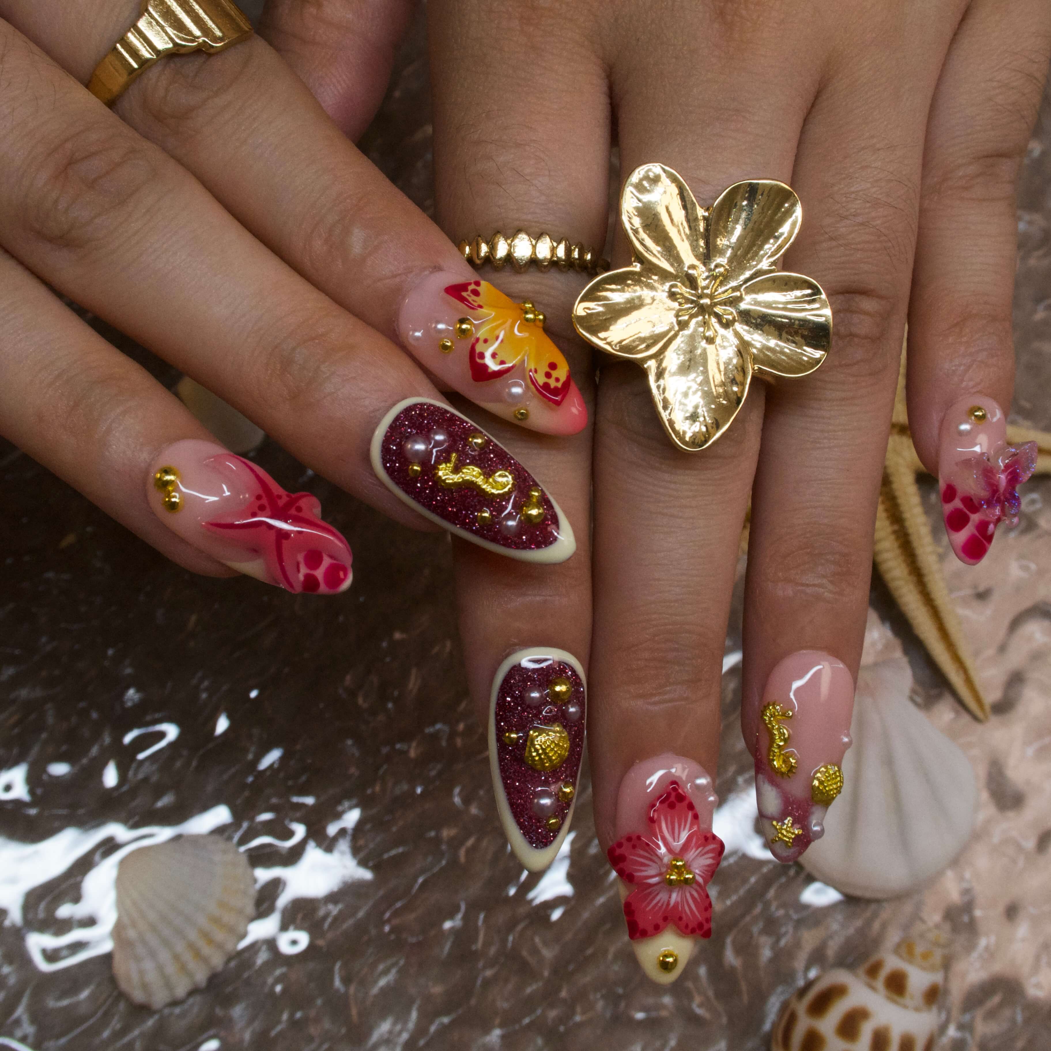 Coral Blossom - Ersa Nails Red Yellow  PressOnNails