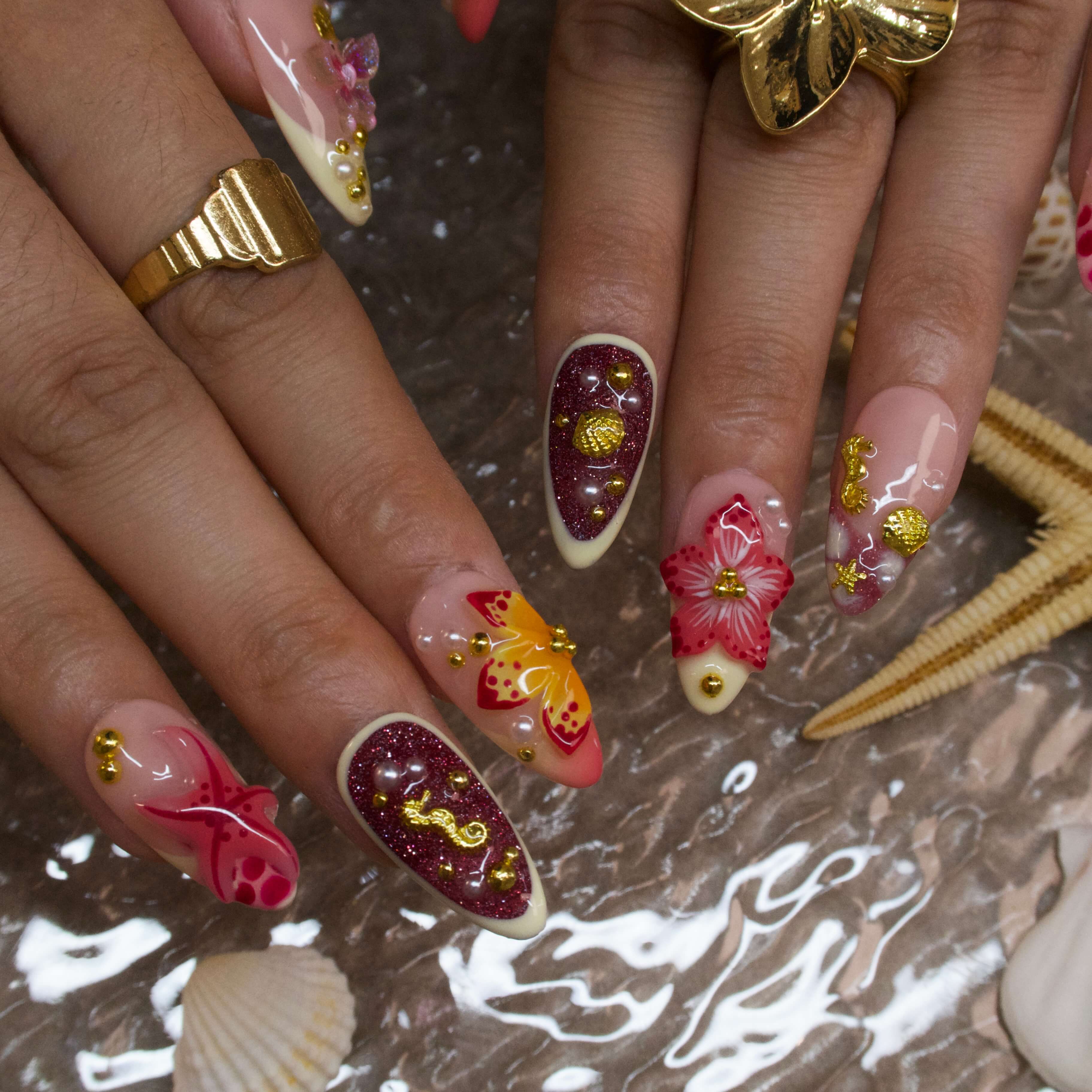 Coral Blossom - Ersa Nails Red Yellow  PressOnNails