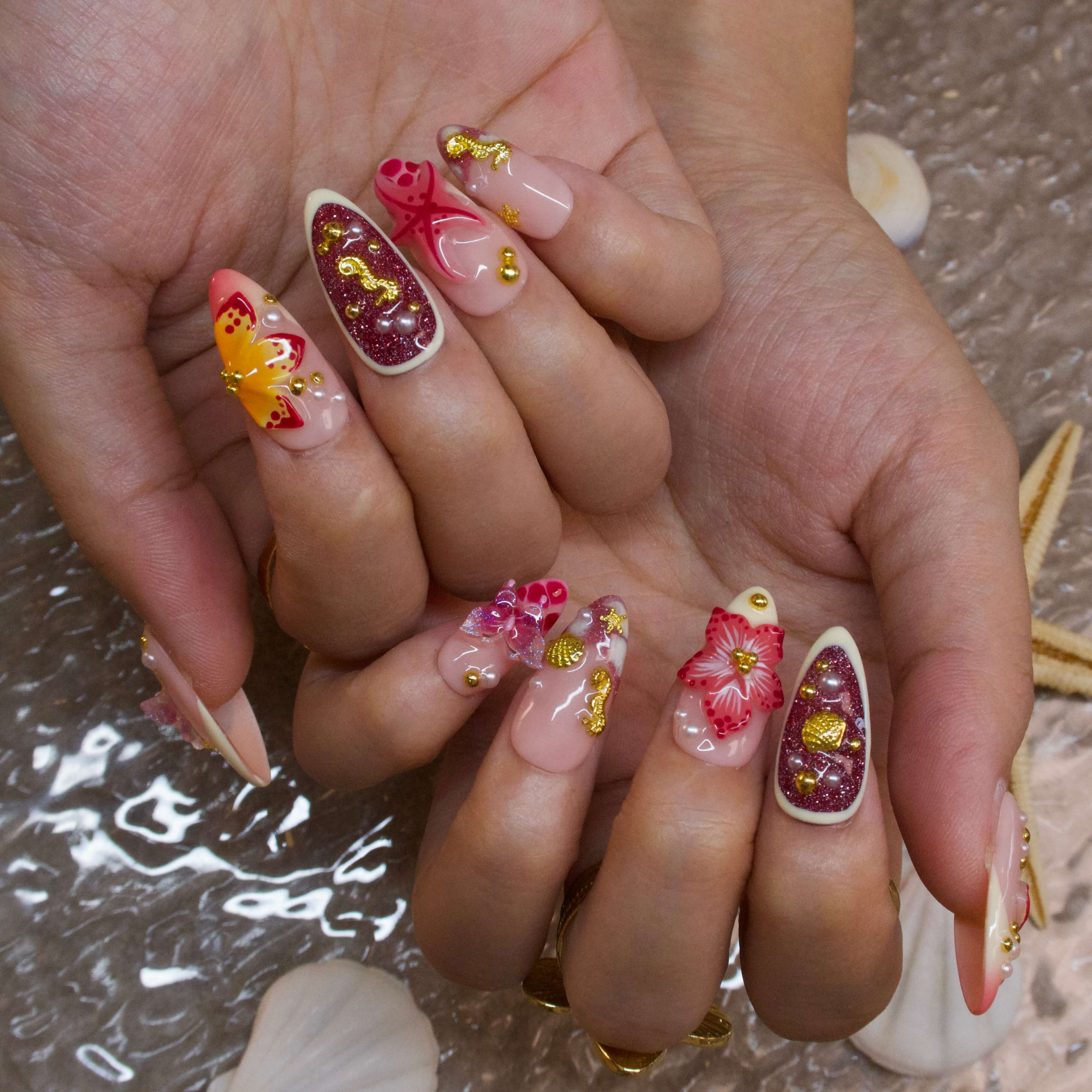 Coral Blossom - Ersa Nails Red Yellow  PressOnNails