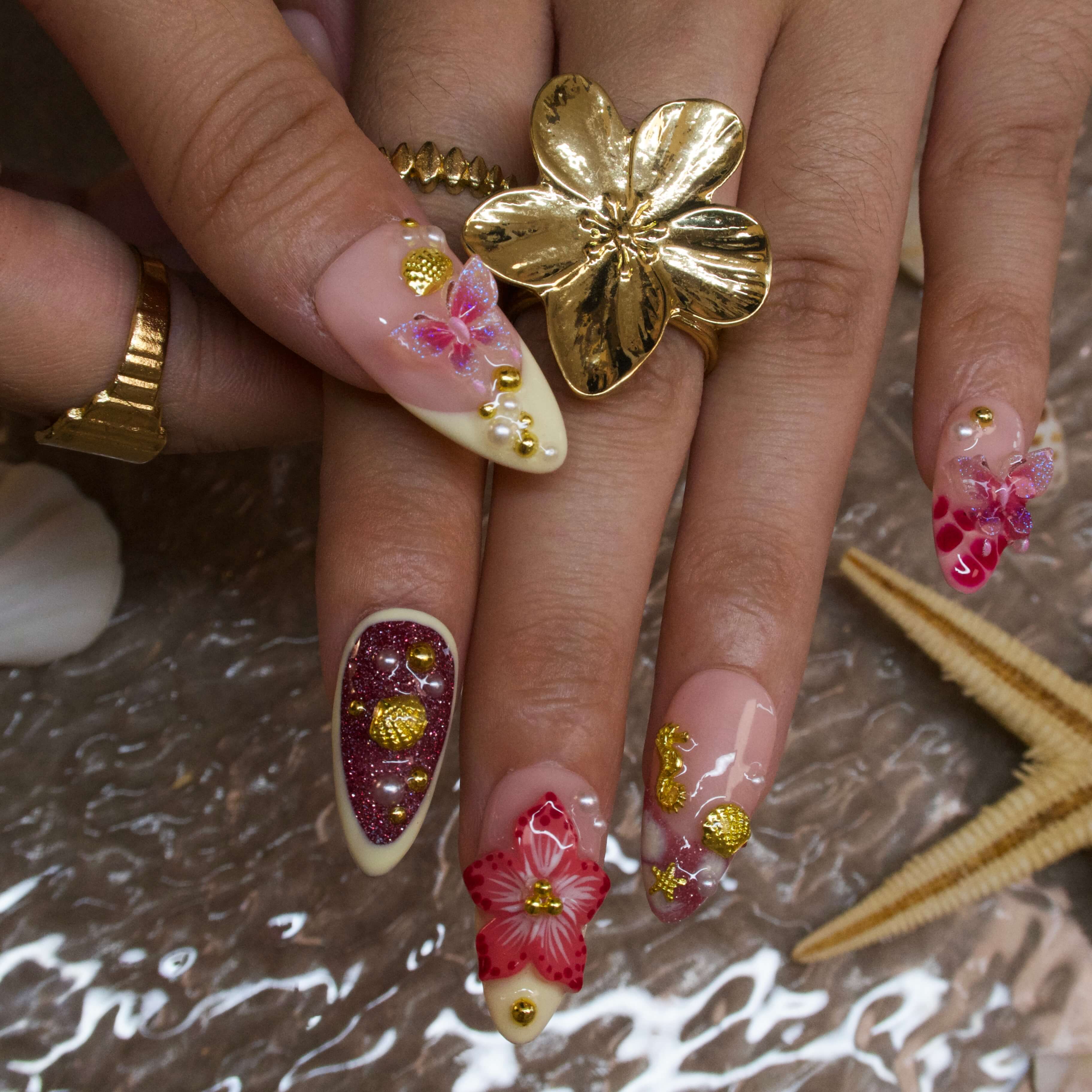 Coral Blossom - Ersa Nails Red Yellow  PressOnNails