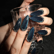 Cosmos in Bottle - Ersa Nails Black Long Almond PressOnNails