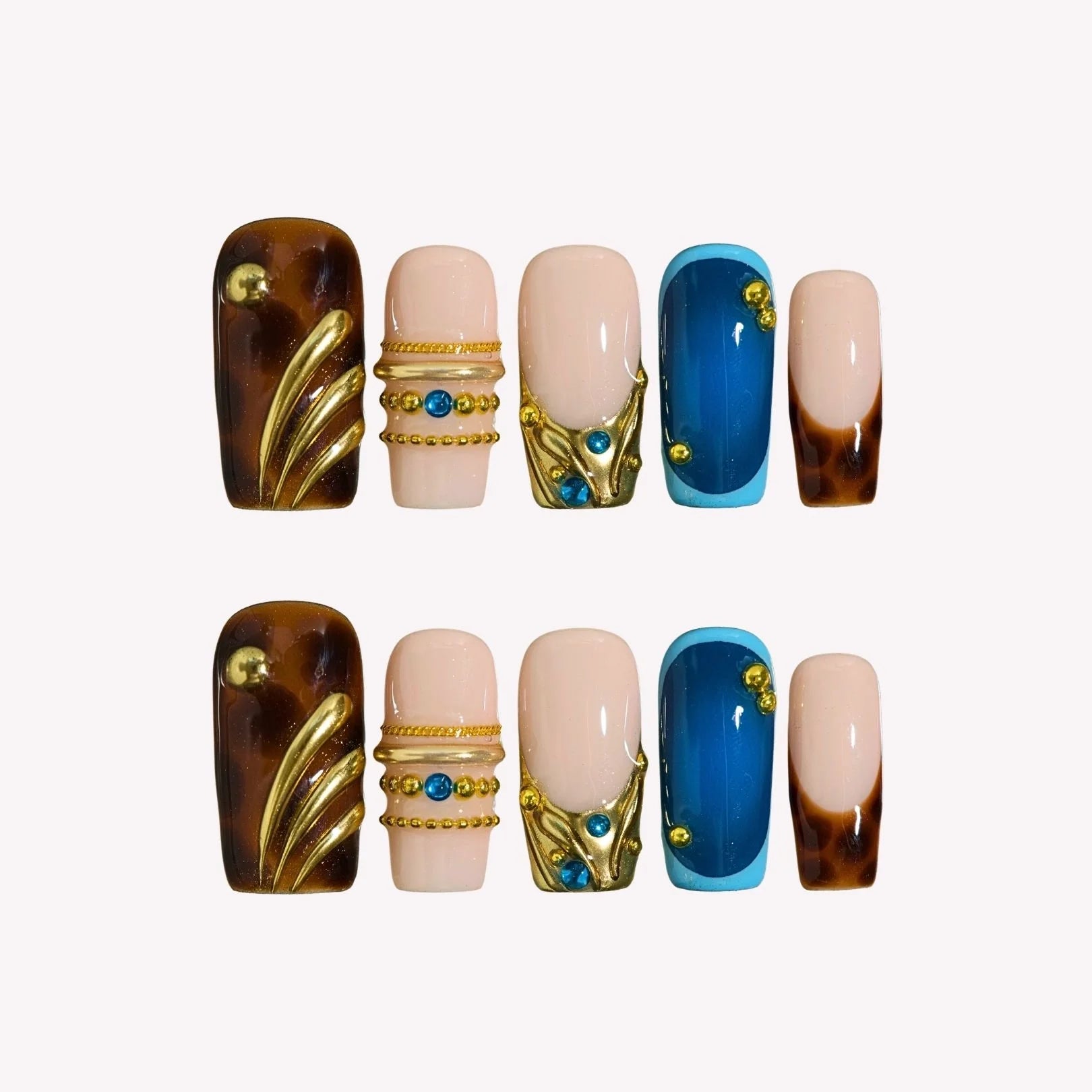 Crowned Up - Ersa Nails Nude Blue Brown Long Square PressOnNails