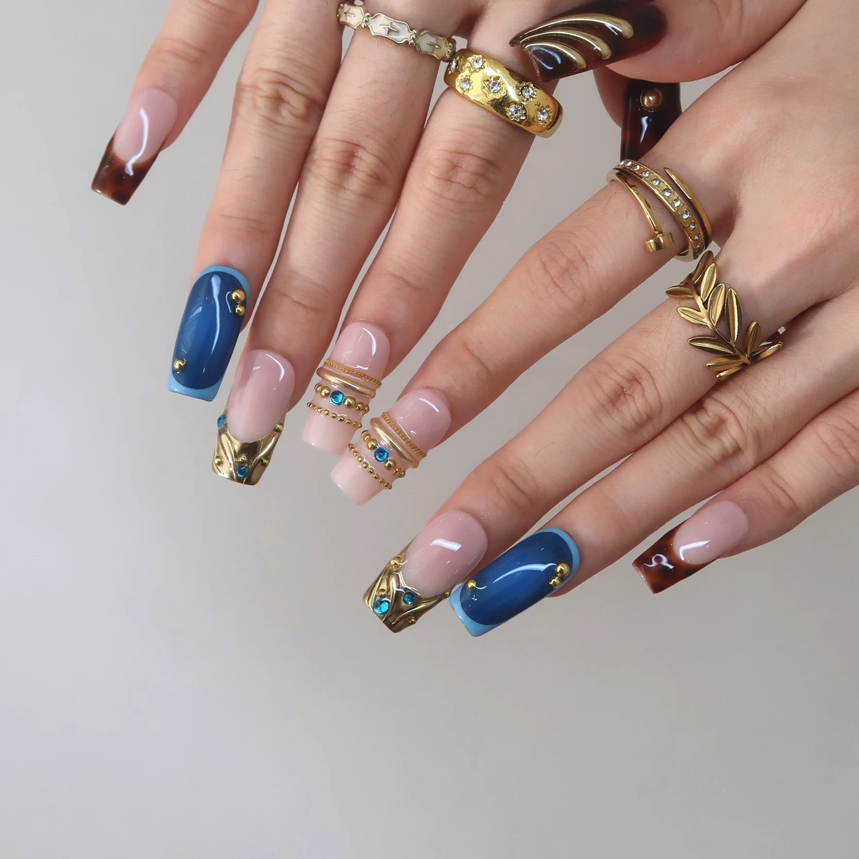 Crowned Up - Ersa Nails Nude Blue Brown Long Square PressOnNails