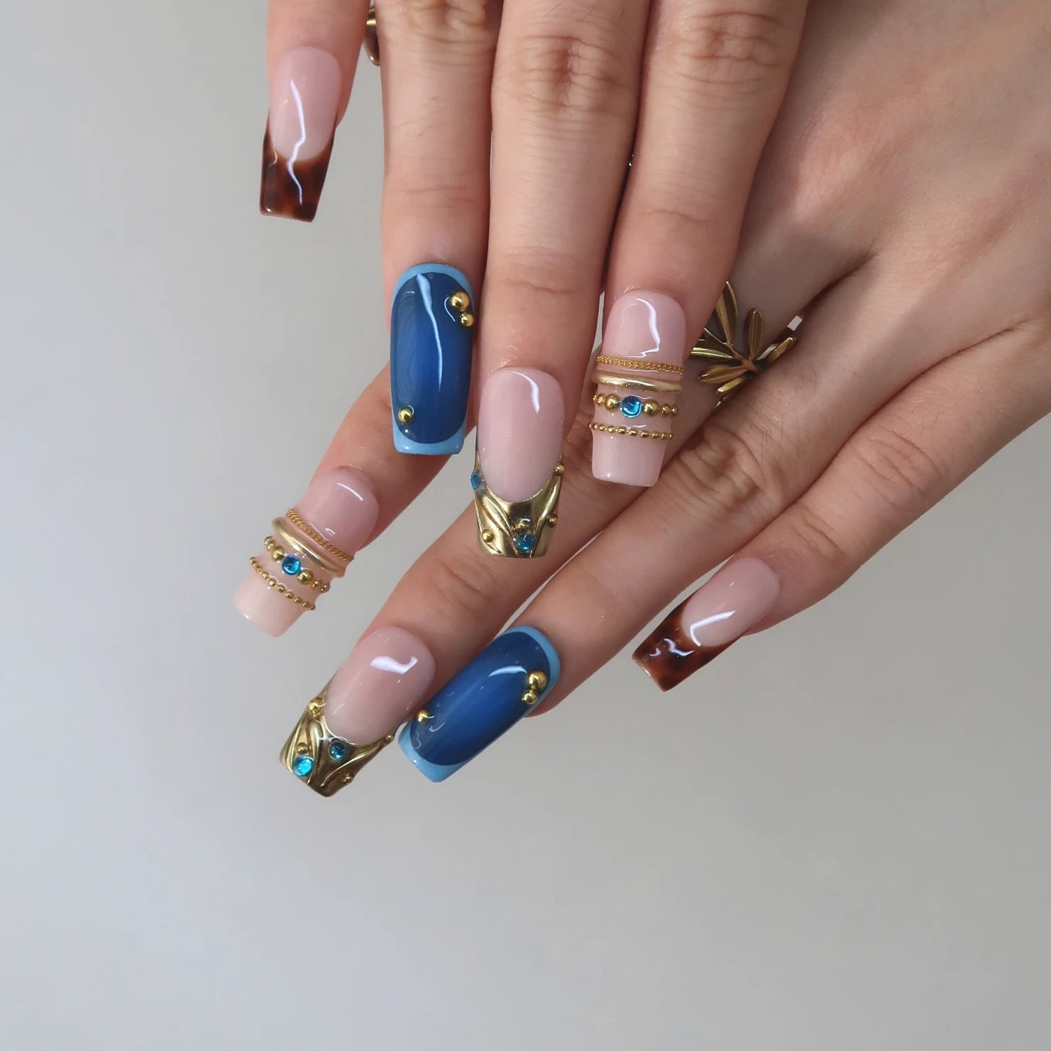 Crowned Up - Ersa Nails Nude Blue Brown Long Square PressOnNails