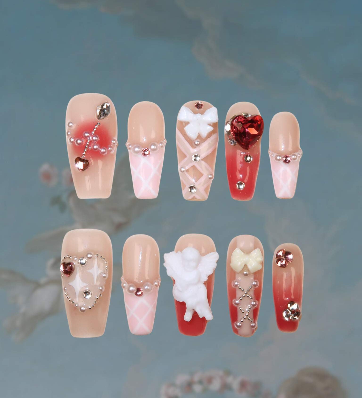 Cupid Charm - Ersa Nails Red Pink Nude Med Coffin PressOnNails