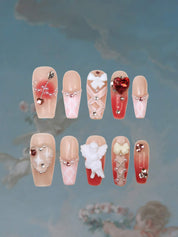 Cupid Charm - Ersa Nails Red Pink Nude Med Coffin PressOnNails