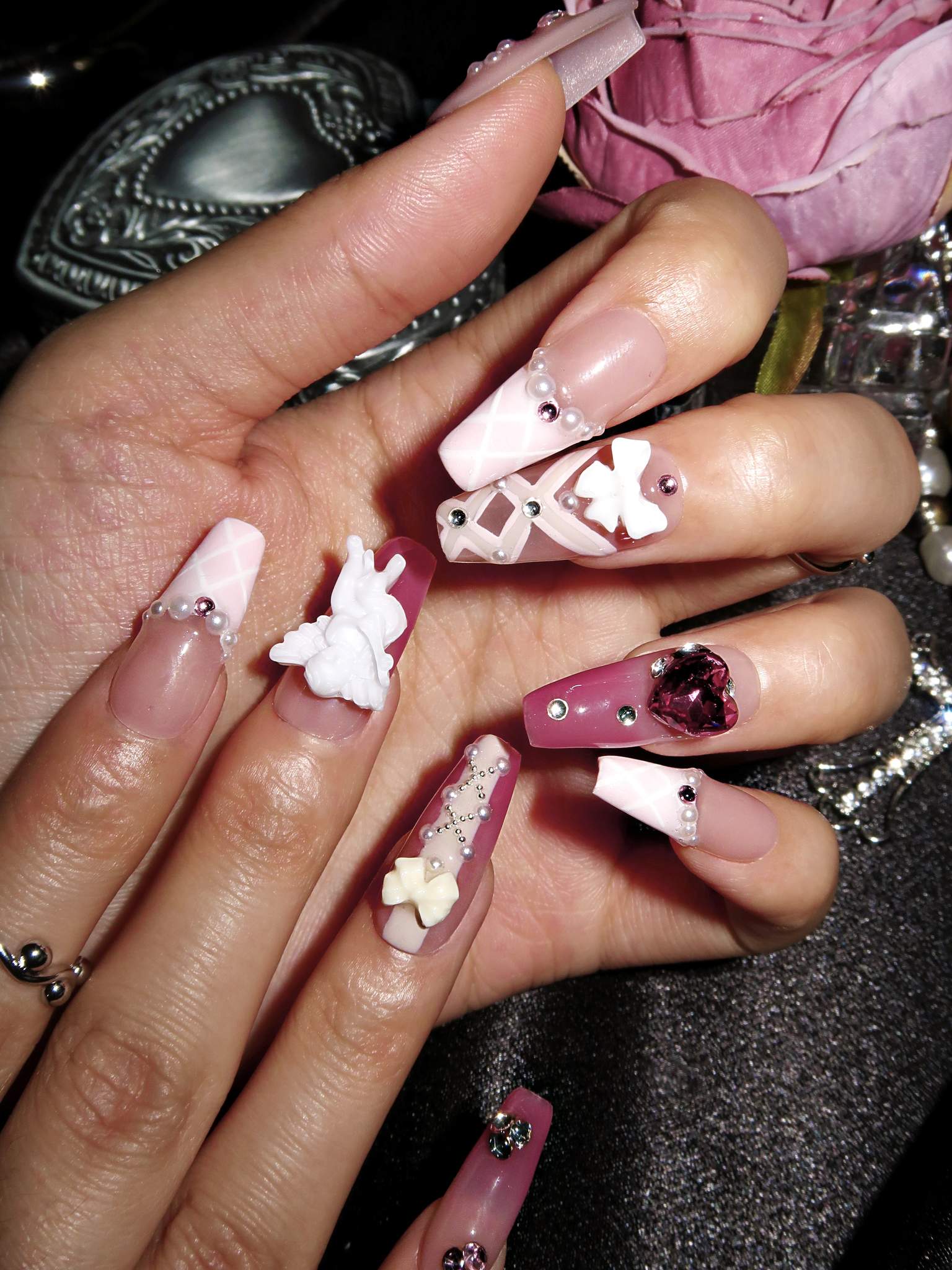 Cupid Charm - Ersa Nails Red Pink Nude Med Coffin PressOnNails