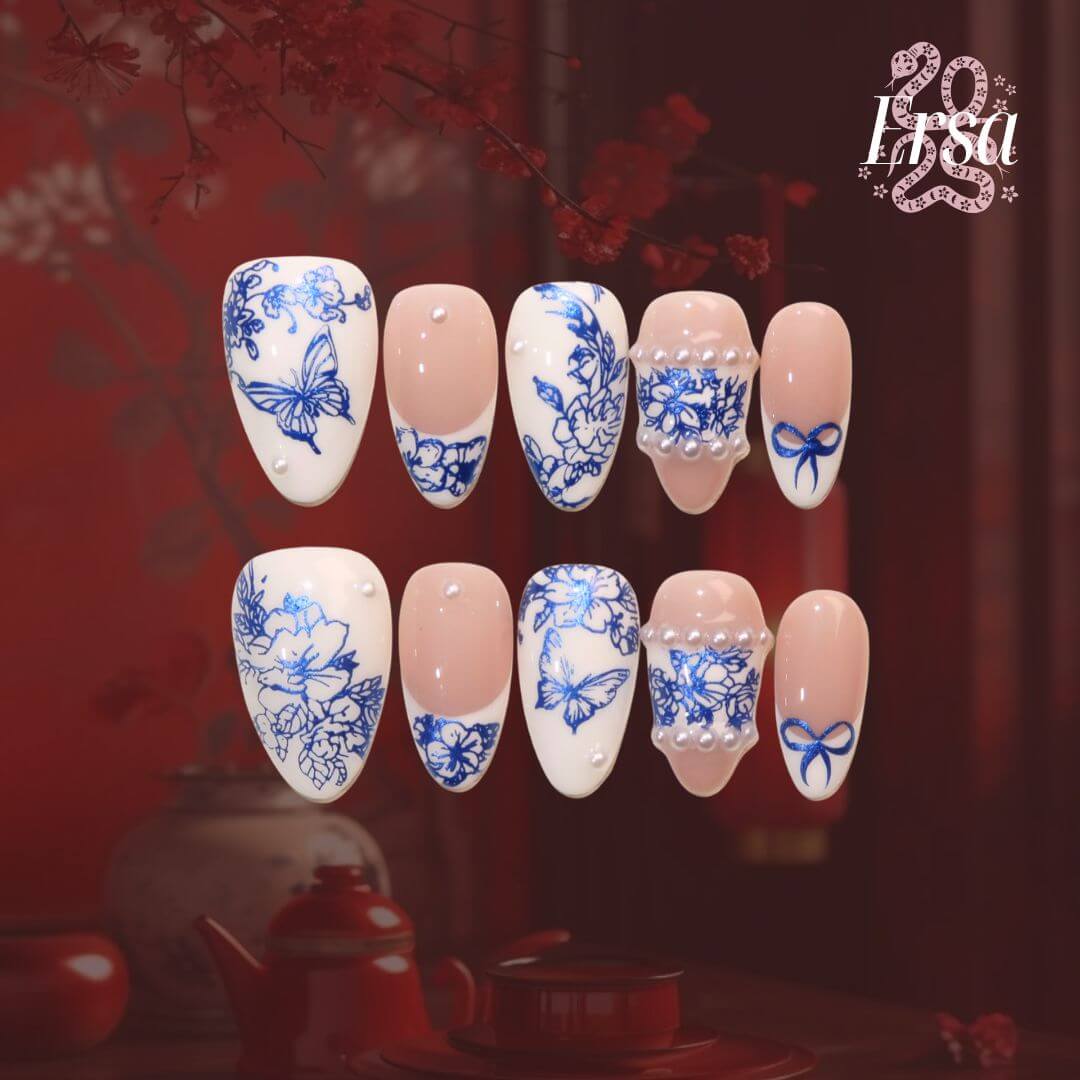 Dancing Blossoms - Ersa Nails Nude White Blue PressOnNails