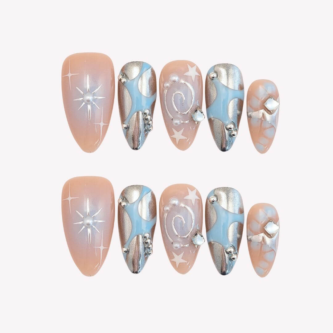 Dazzle - Ersa Nails Nude Blue Silver PressOnNails