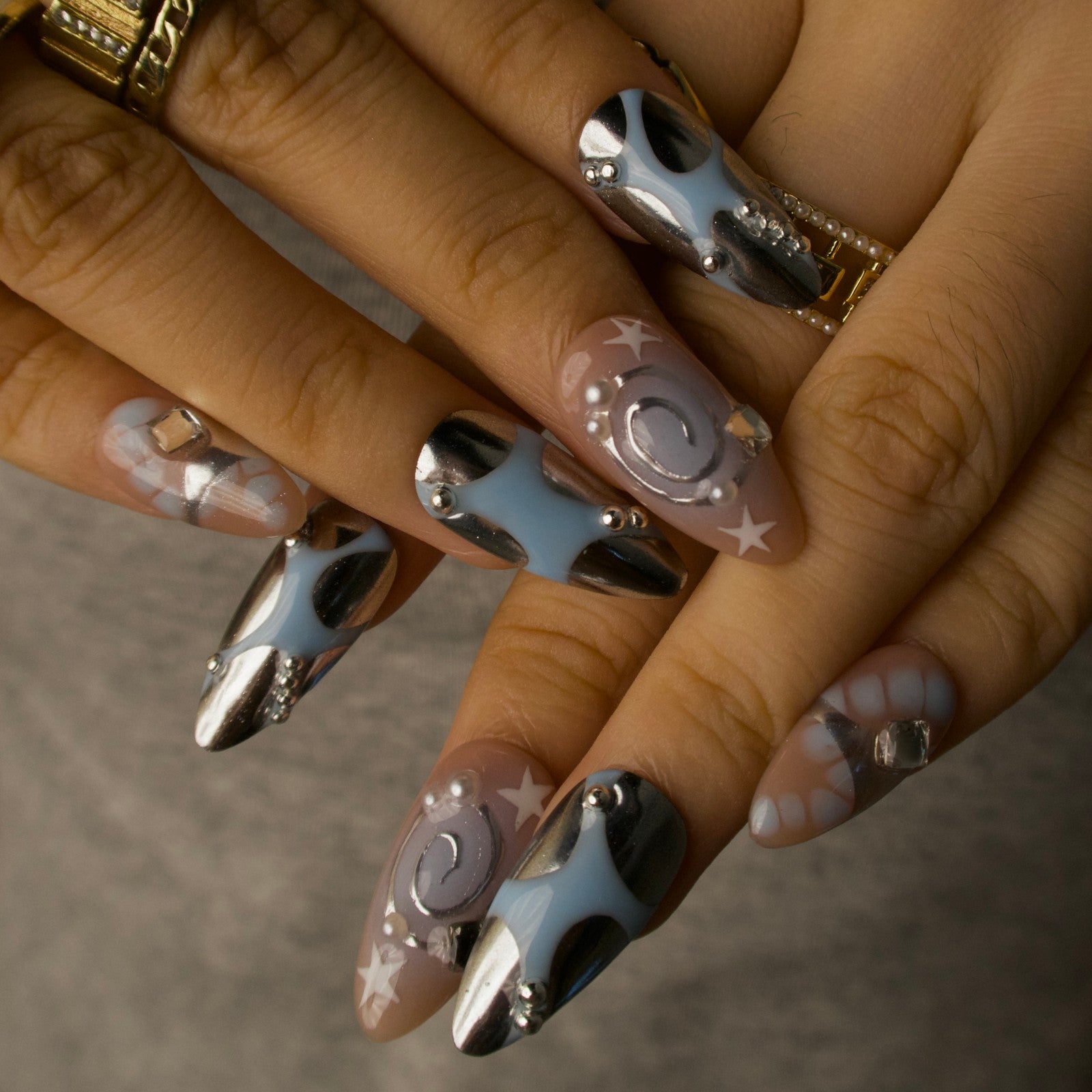 Dazzle - Ersa Nails Nude Blue Silver PressOnNails