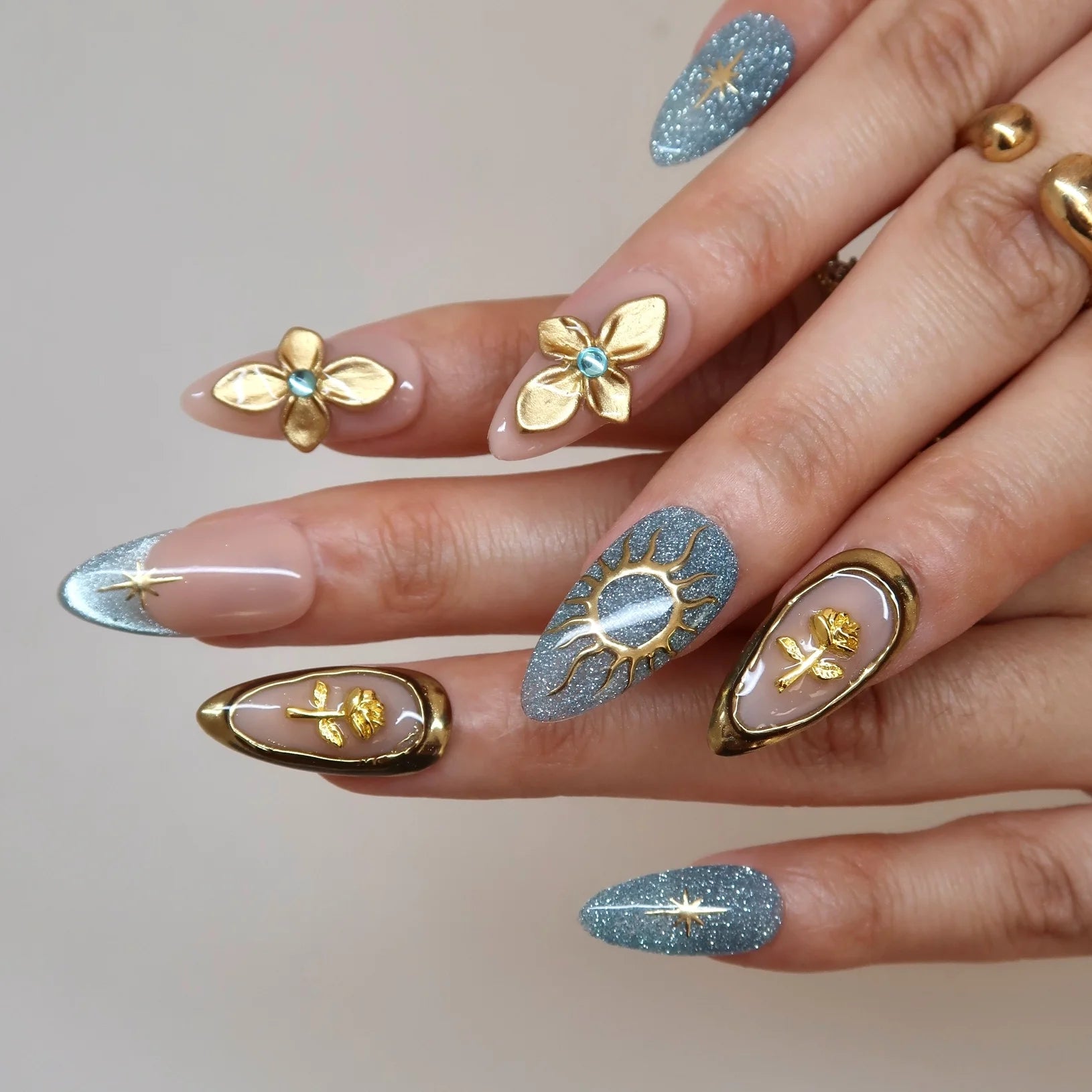 Divine Stardust - Ersa Nails Nude Blue Gold PressOnNails