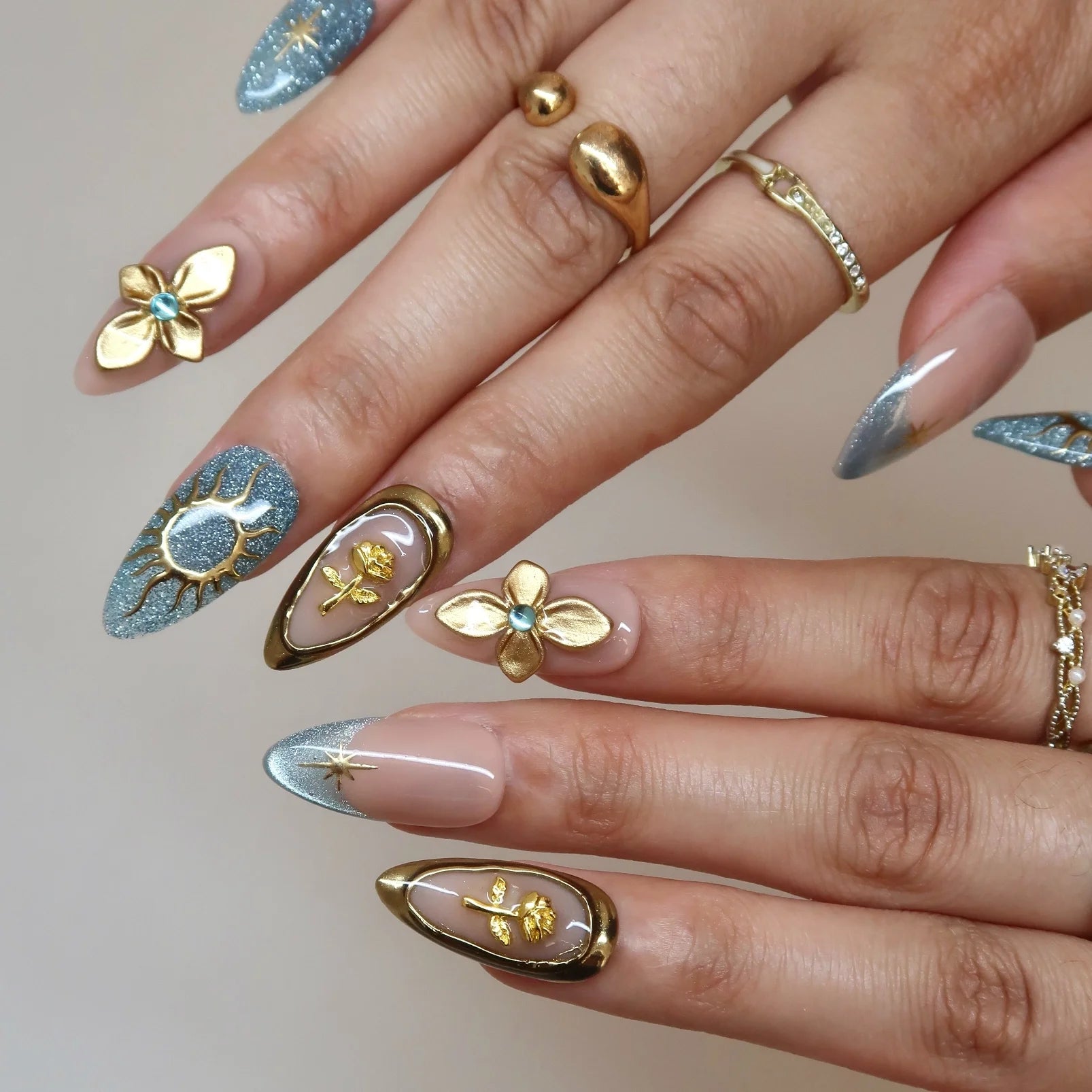 Divine Stardust - Ersa Nails Nude Blue Gold PressOnNails