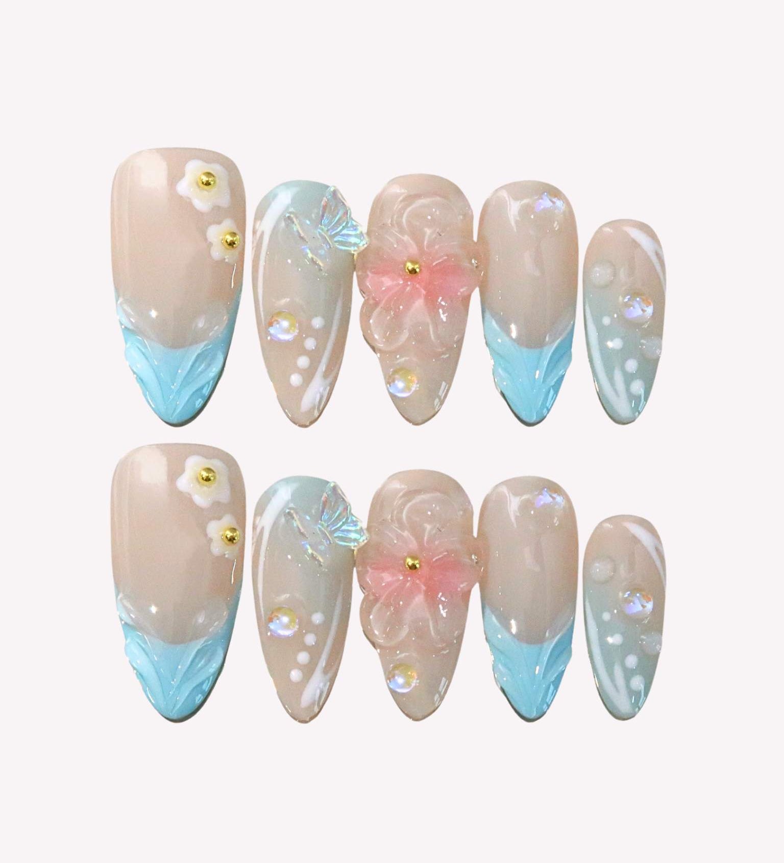 Dreamy Blossom - Ersa Nails Nude Blue Medium Almond PressOnNails