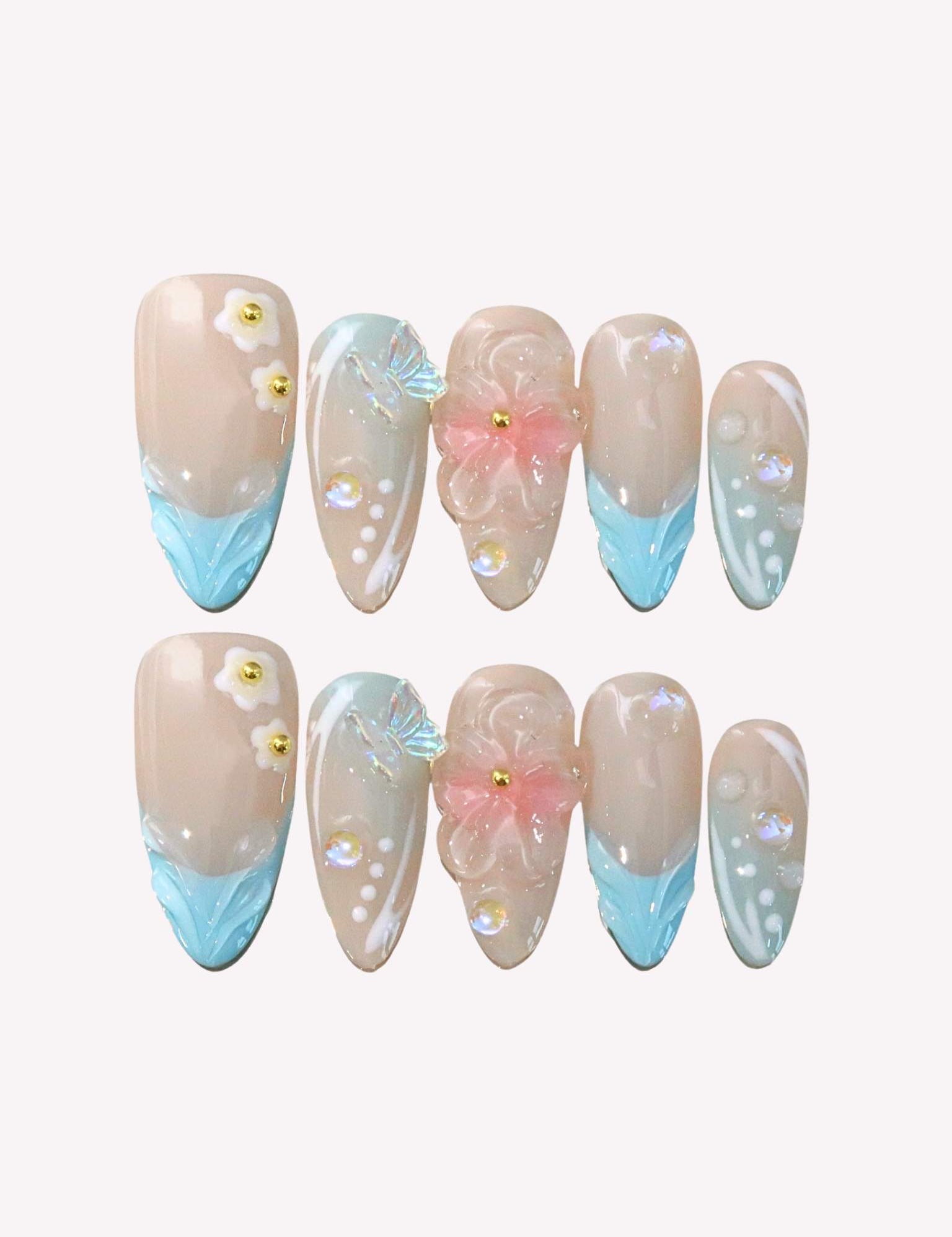 Dreamy Blossom - Ersa Nails Nude Blue Medium Almond PressOnNails