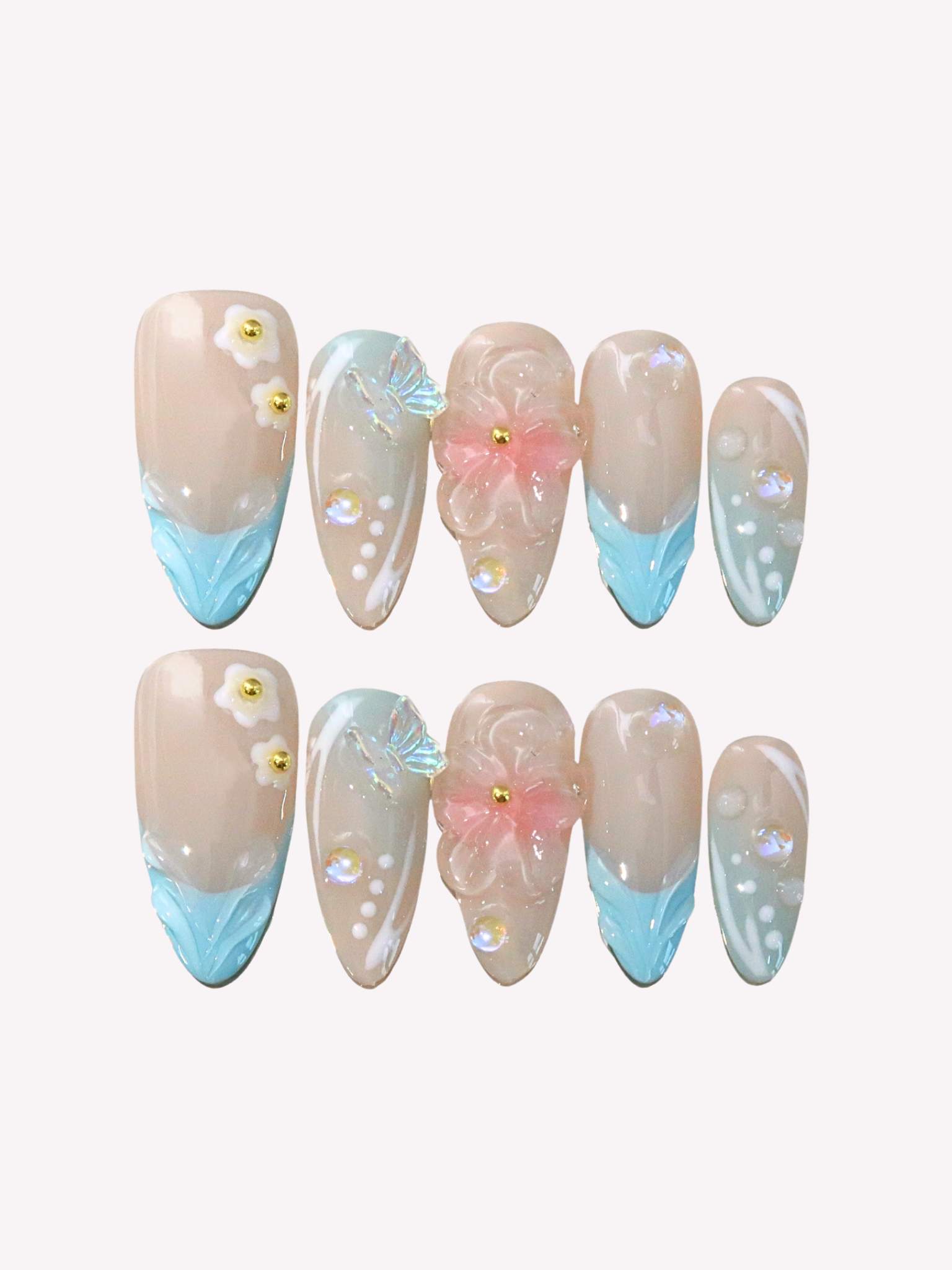 Dreamy Blossom - Ersa Nails Nude Blue Medium Almond PressOnNails