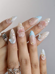 Dreamy Blossom - Ersa Nails Nude Blue Medium Almond PressOnNails