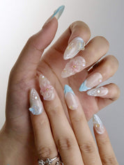 Dreamy Blossom - Ersa Nails Nude Blue Medium Almond PressOnNails