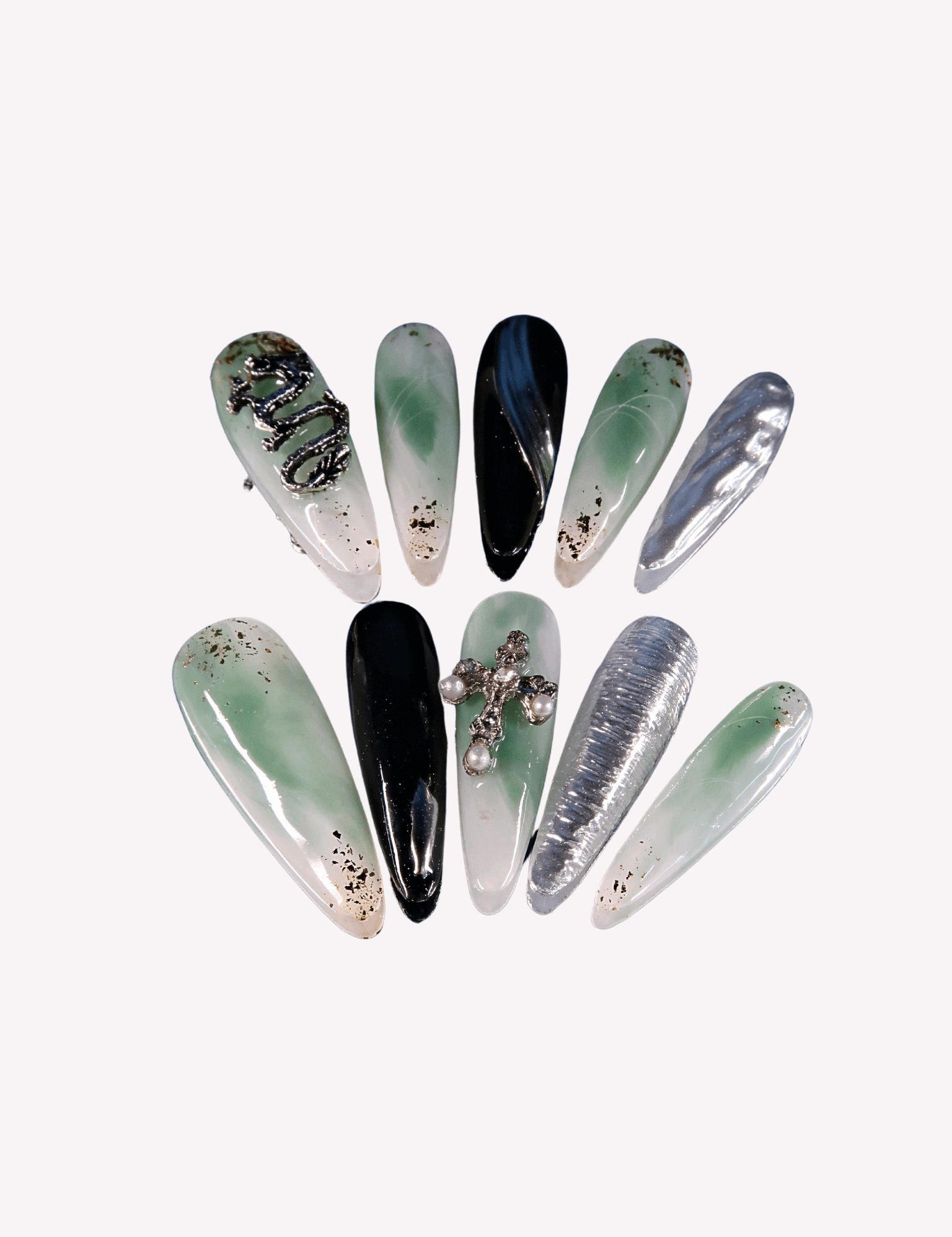 Emerald Ocean - Ersa Nails Black Jade Long Oval PressOnNails