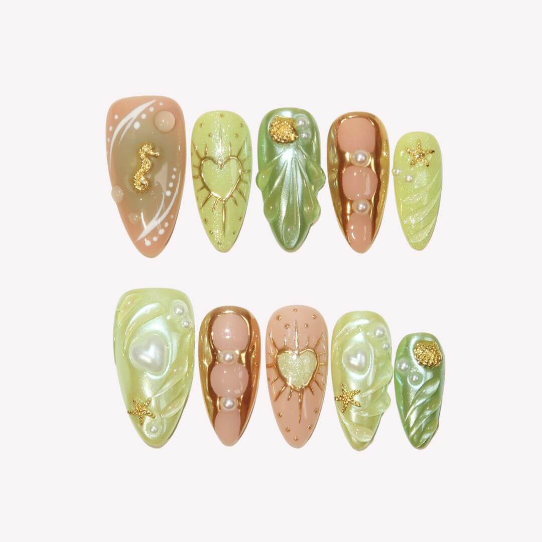 Emerald Waves - Ersa Nails Jade Gold Nude PressOnNails