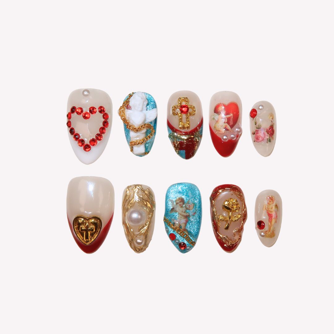 Faithful - Ersa Nails Blue Red Short Almond PressOnNails