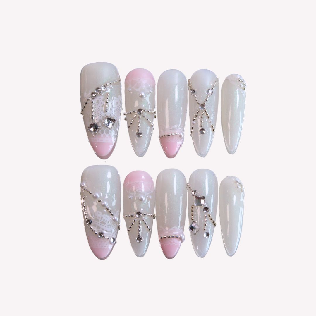 Fantasia - Ersa Nails White Pink Long Almond PressOnNails