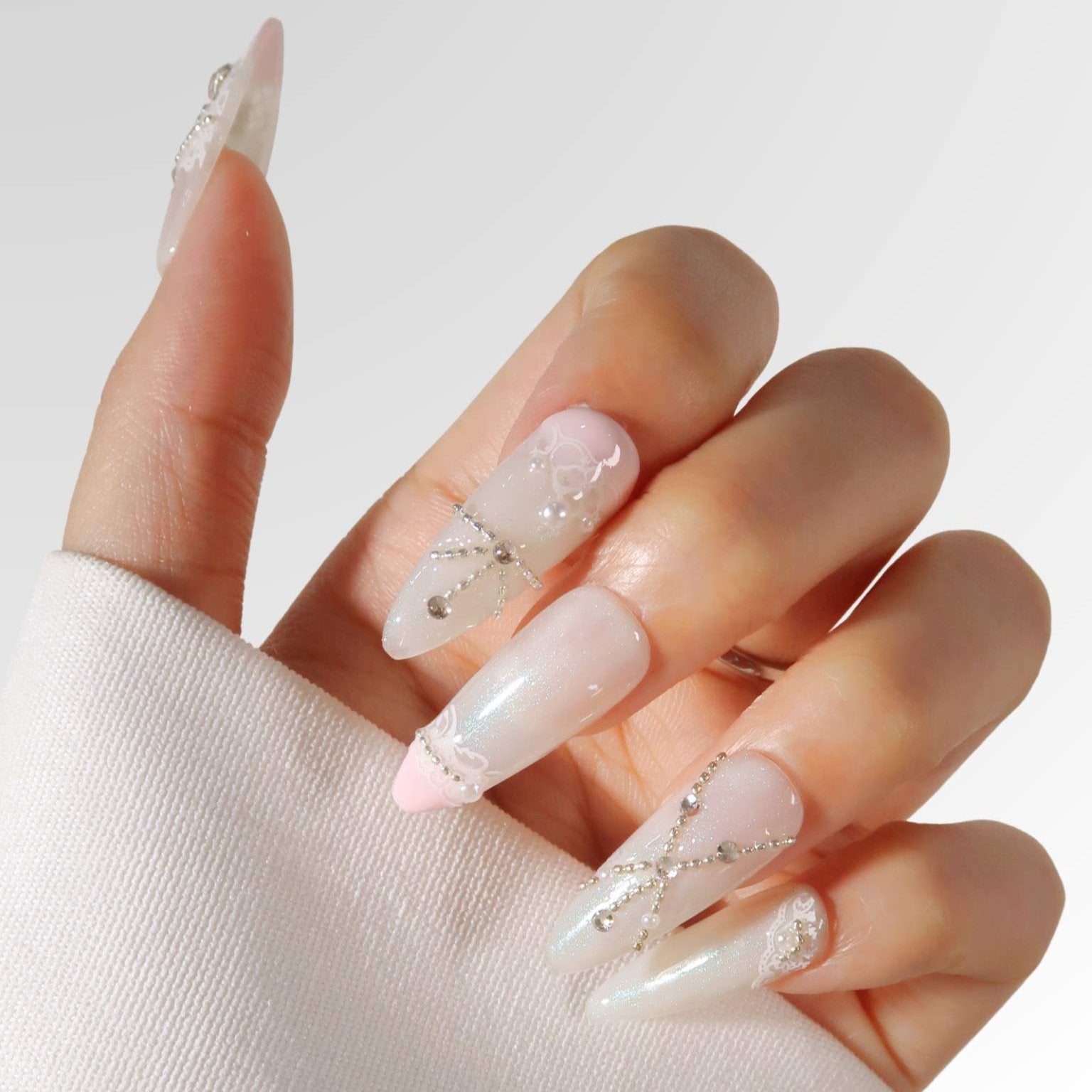 Fantasia - Ersa Nails White Pink Long Almond PressOnNails