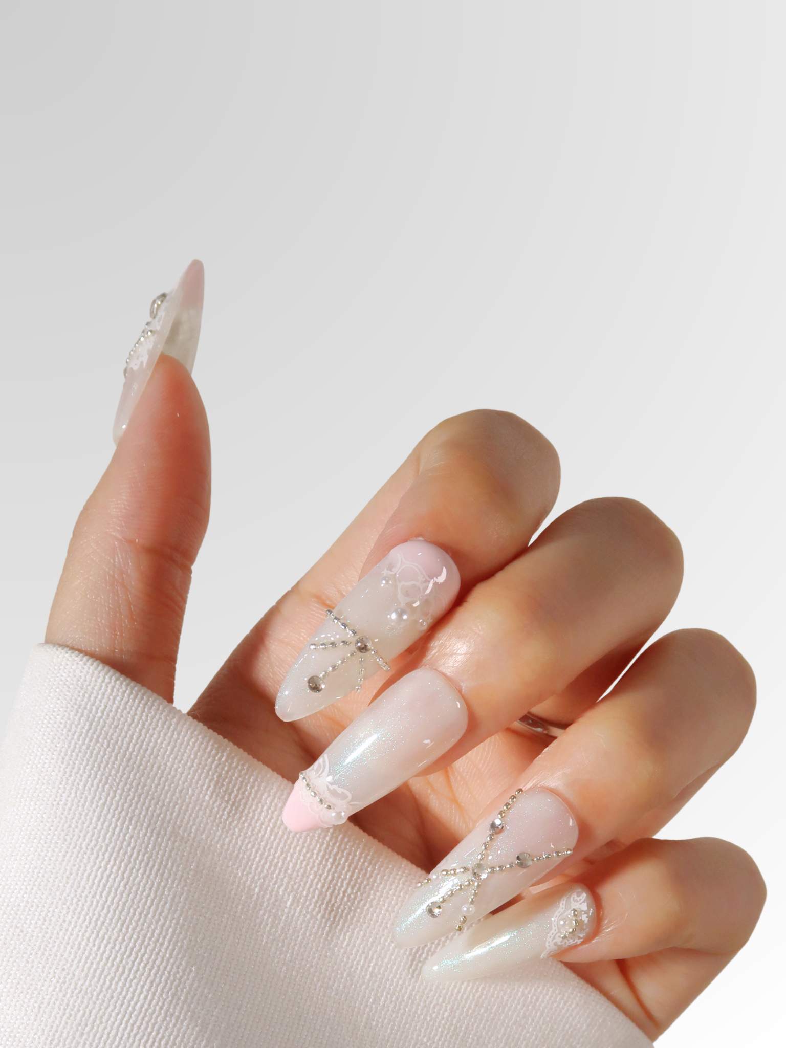 Fantasia - Ersa Nails White Pink Long Almond PressOnNails