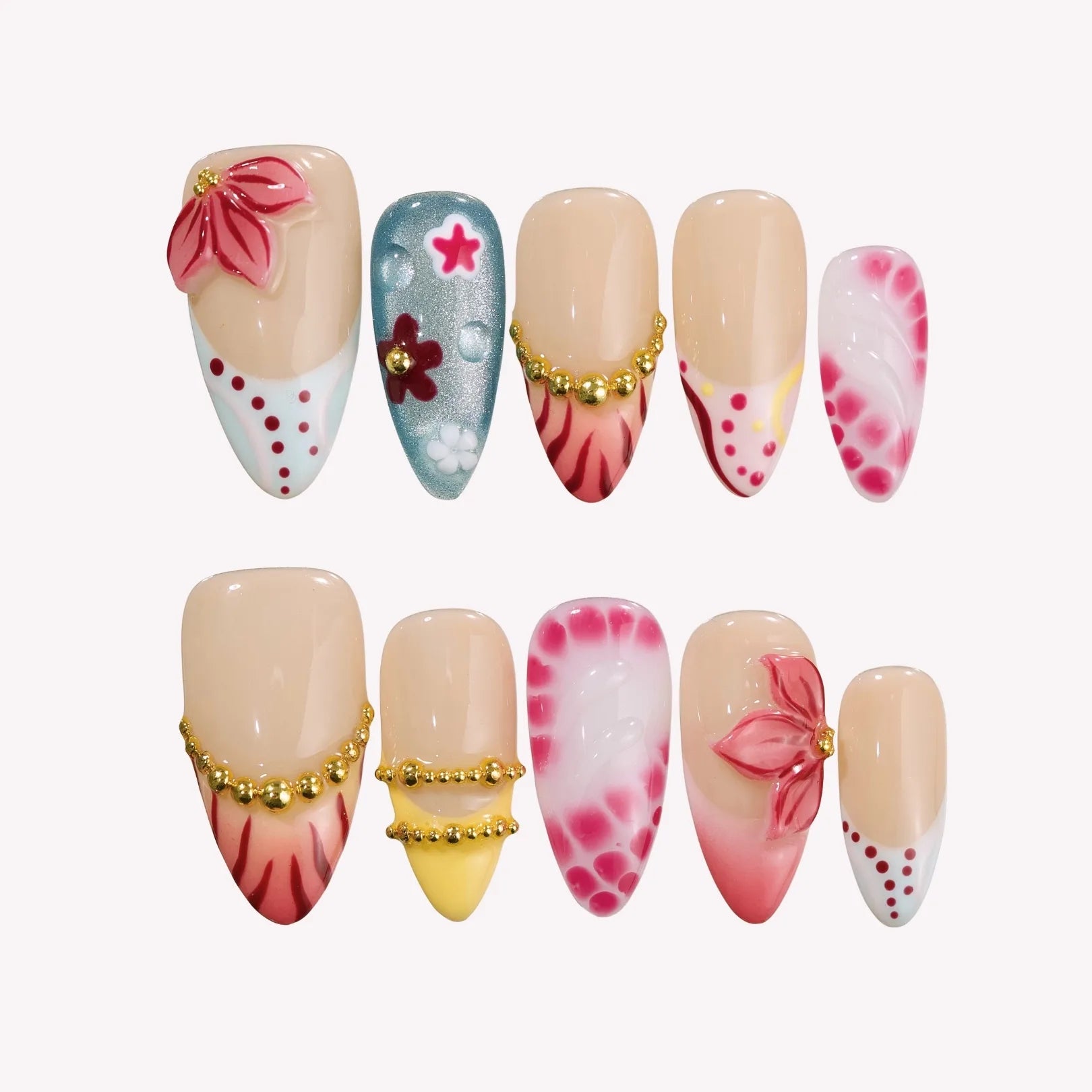 Flame of Passion - Ersa Nails Nude Pink Blue Yellow PressOnNails