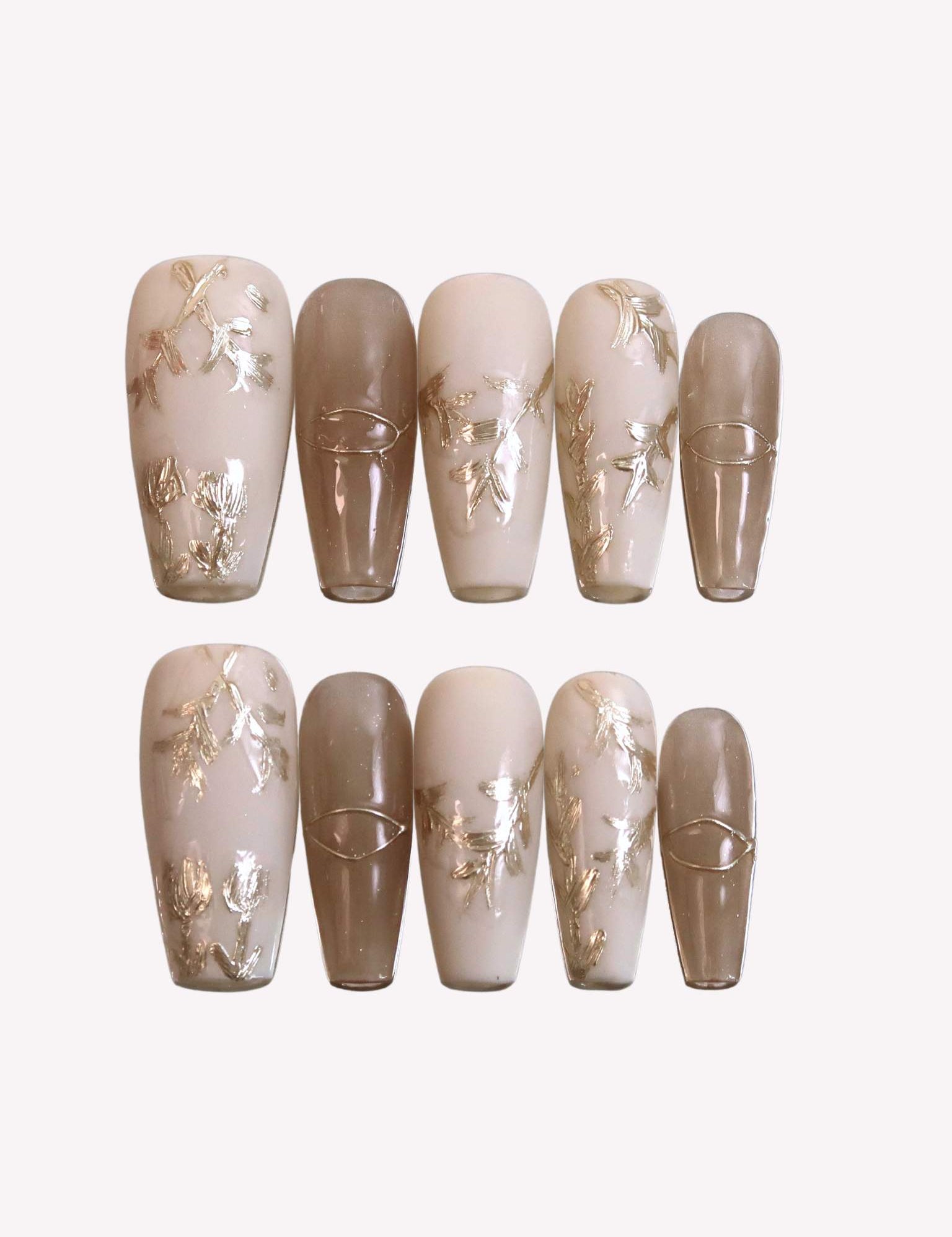 Flora Lustre - Ersa Nails Gold Medium Coffin PressOnNails